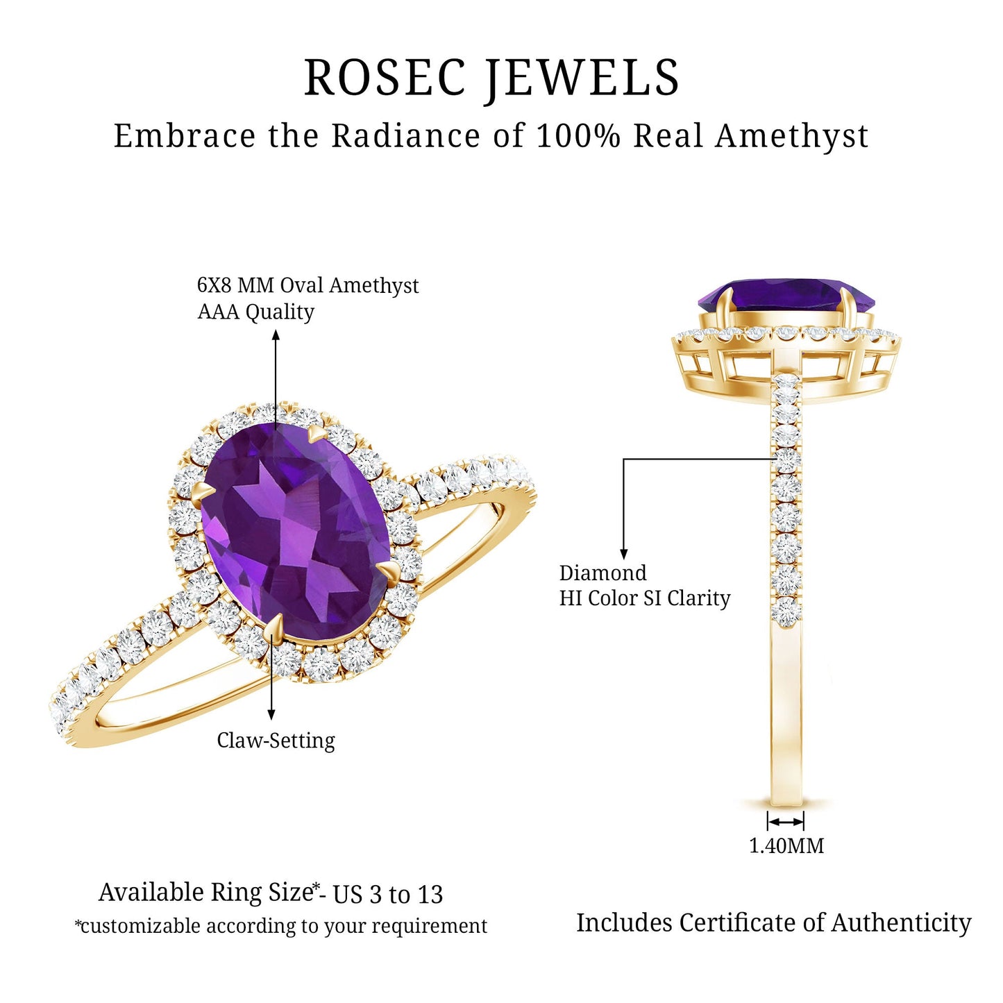 1 Carat Amethyst Oval Engagement Ring with Diamond Halo