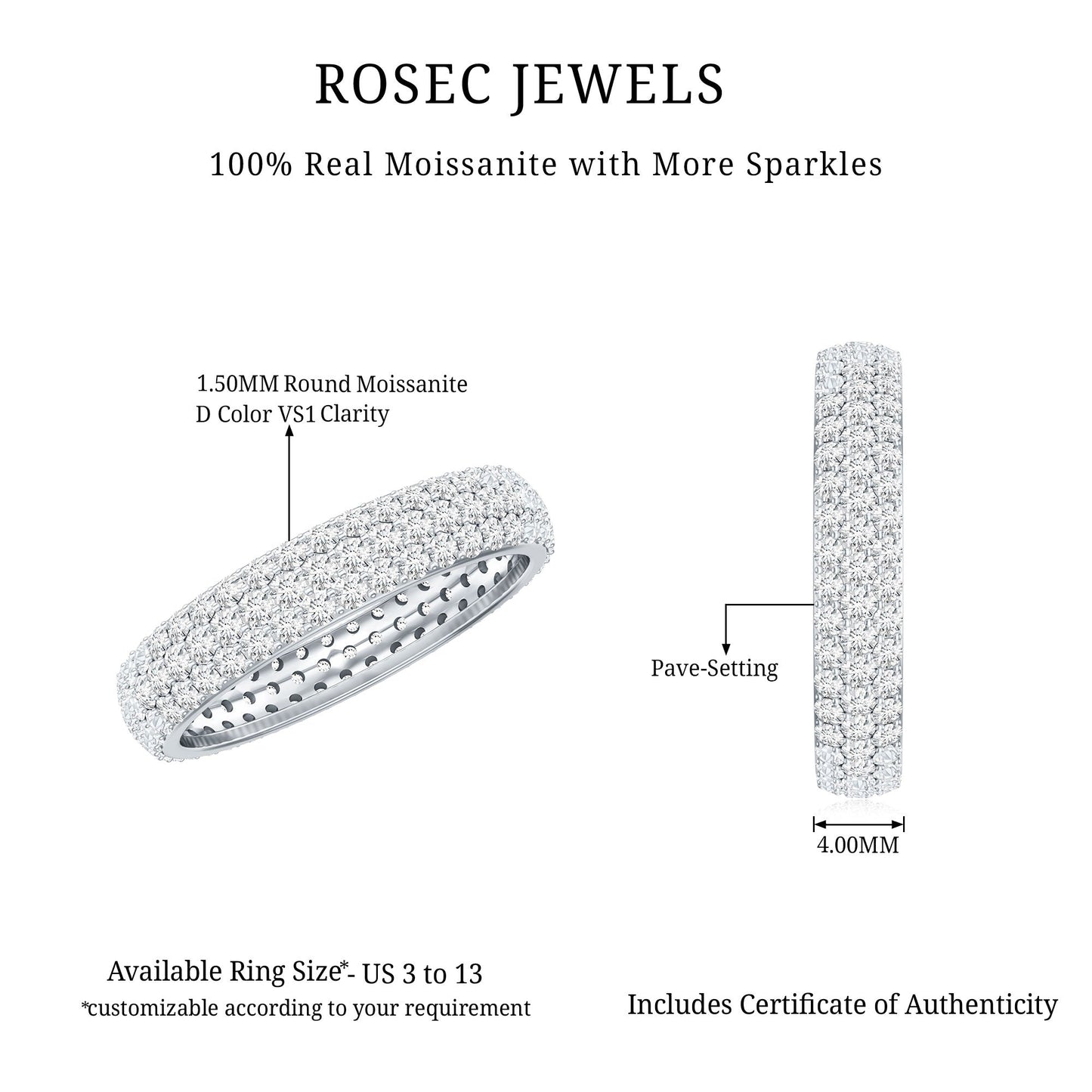Triple Row Moissanite Classic Wedding Ring Band for Women