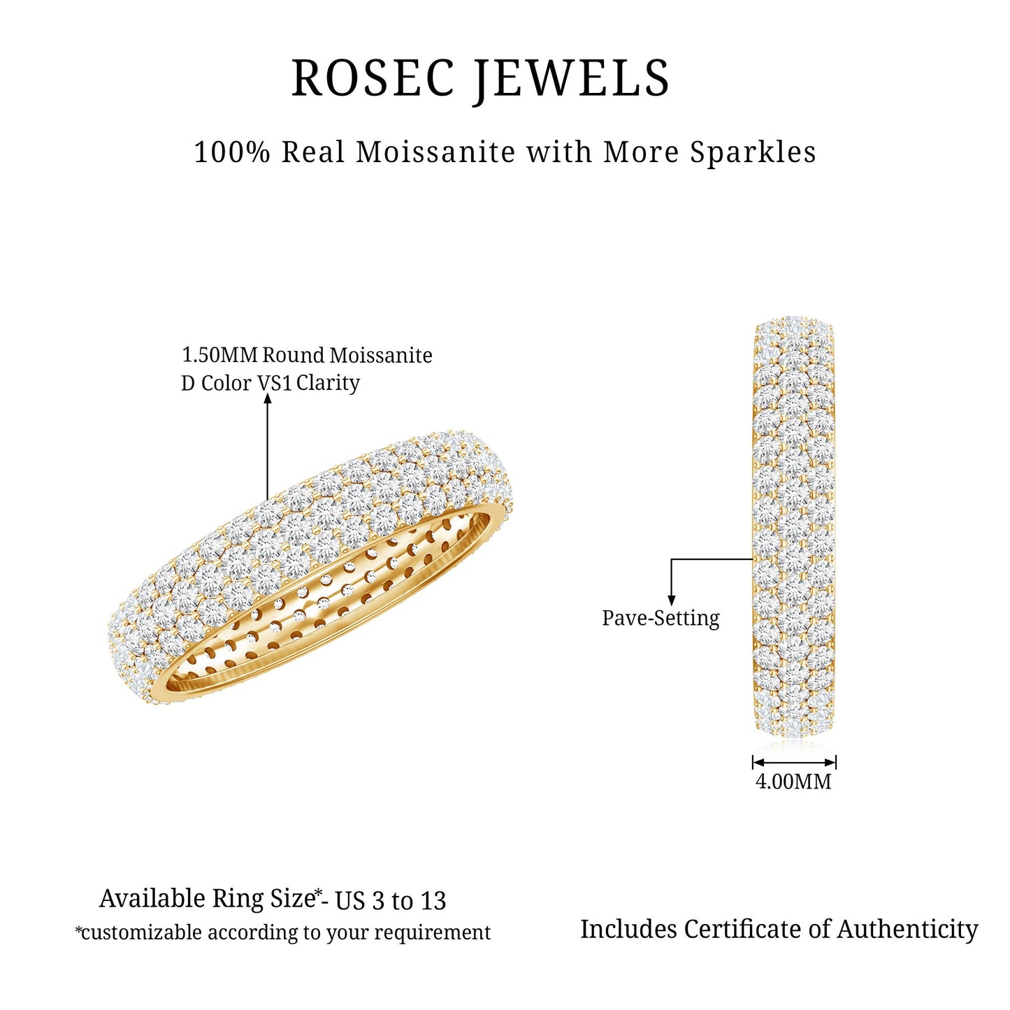 Triple Row Moissanite Classic Wedding Ring Band for Women