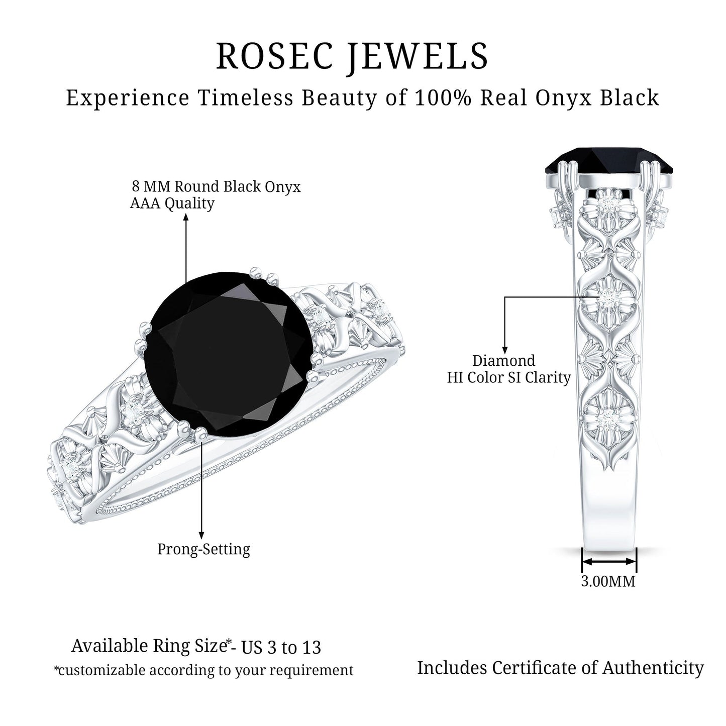 2 Carat Round Black Onyx Solitaire Antique Looking Engagement Ring with Diamond