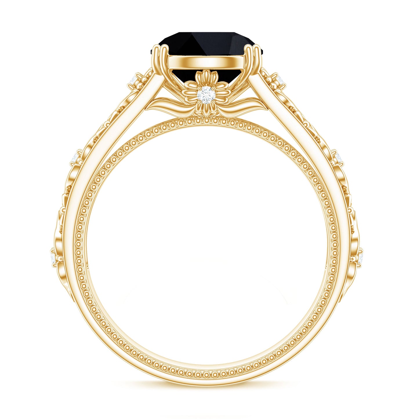 2 Carat Round Black Onyx Solitaire Antique Looking Engagement Ring with Diamond
