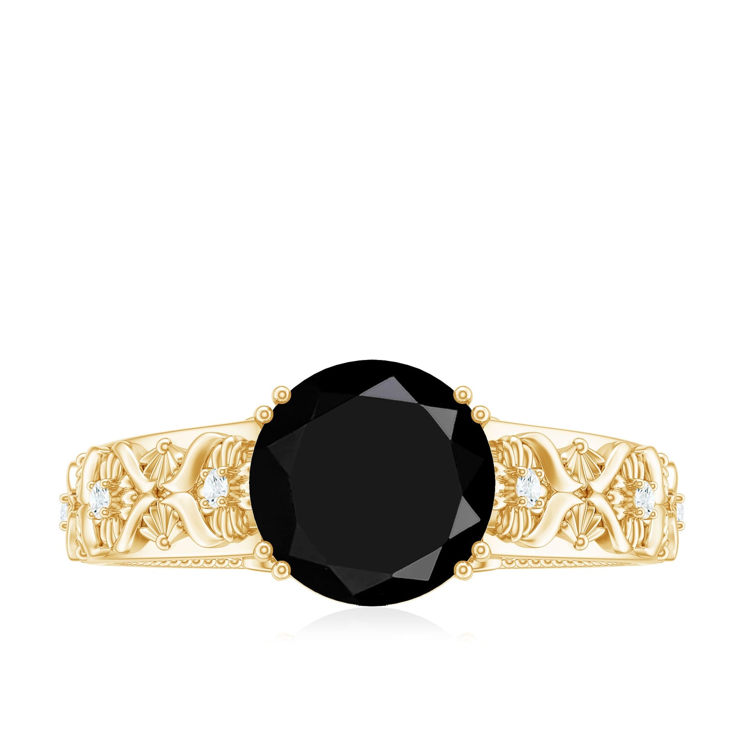 2 Carat Round Black Onyx Solitaire Antique Looking Engagement Ring with Diamond