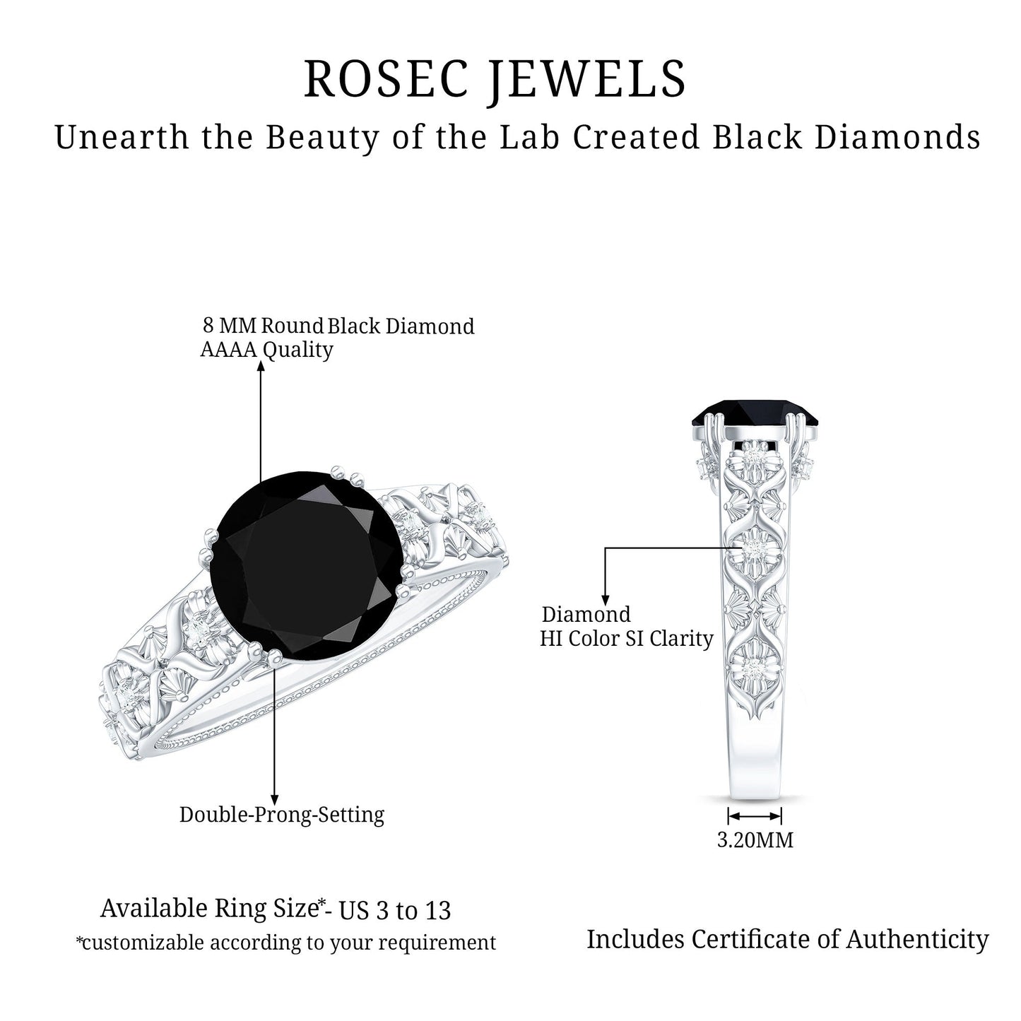 Nature Inspired 2 Carat Lab Grown Black and White Diamond Engagement Ring