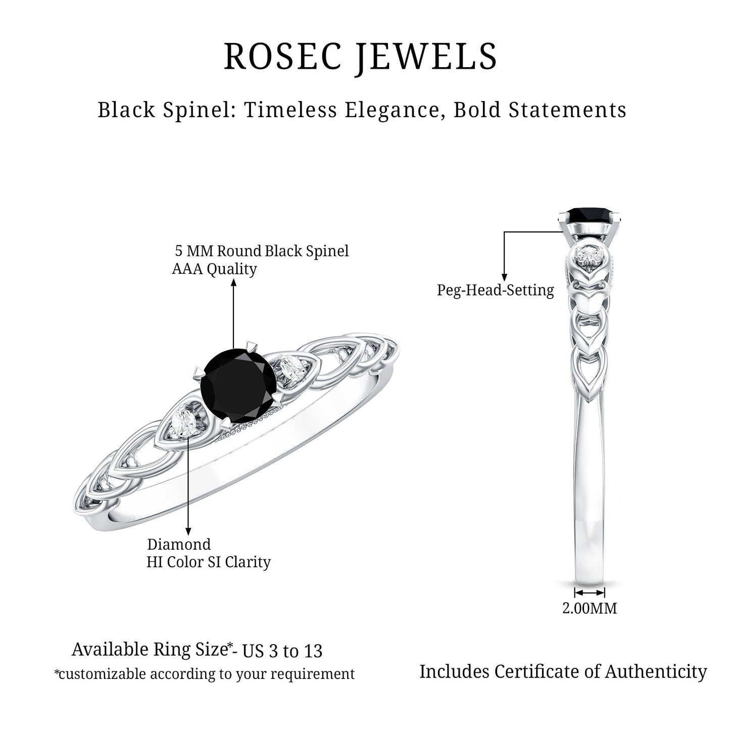 Natural Black Spinel Diamond Promise Ring with Certificate
