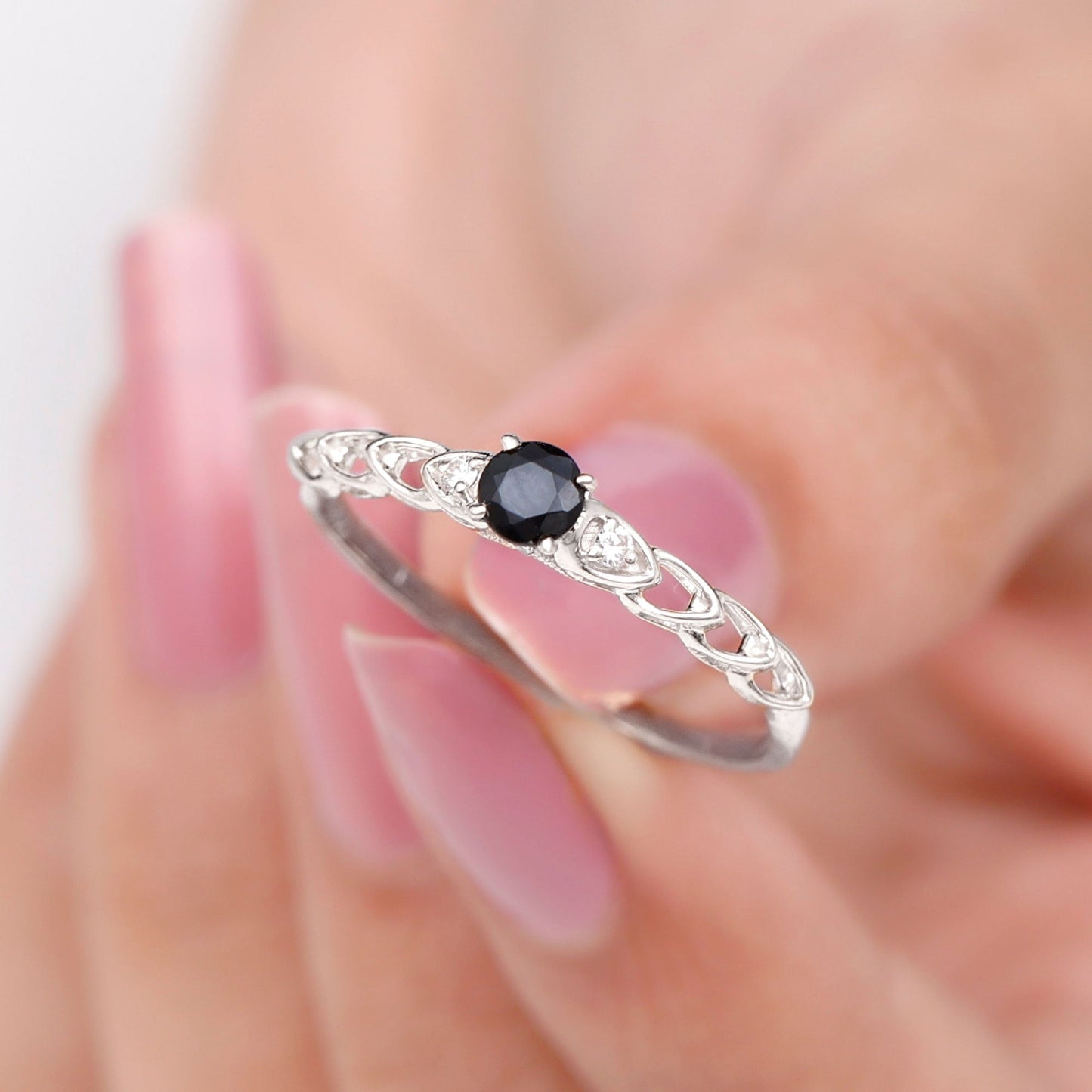 Natural Black Spinel Diamond Promise Ring with Certificate
