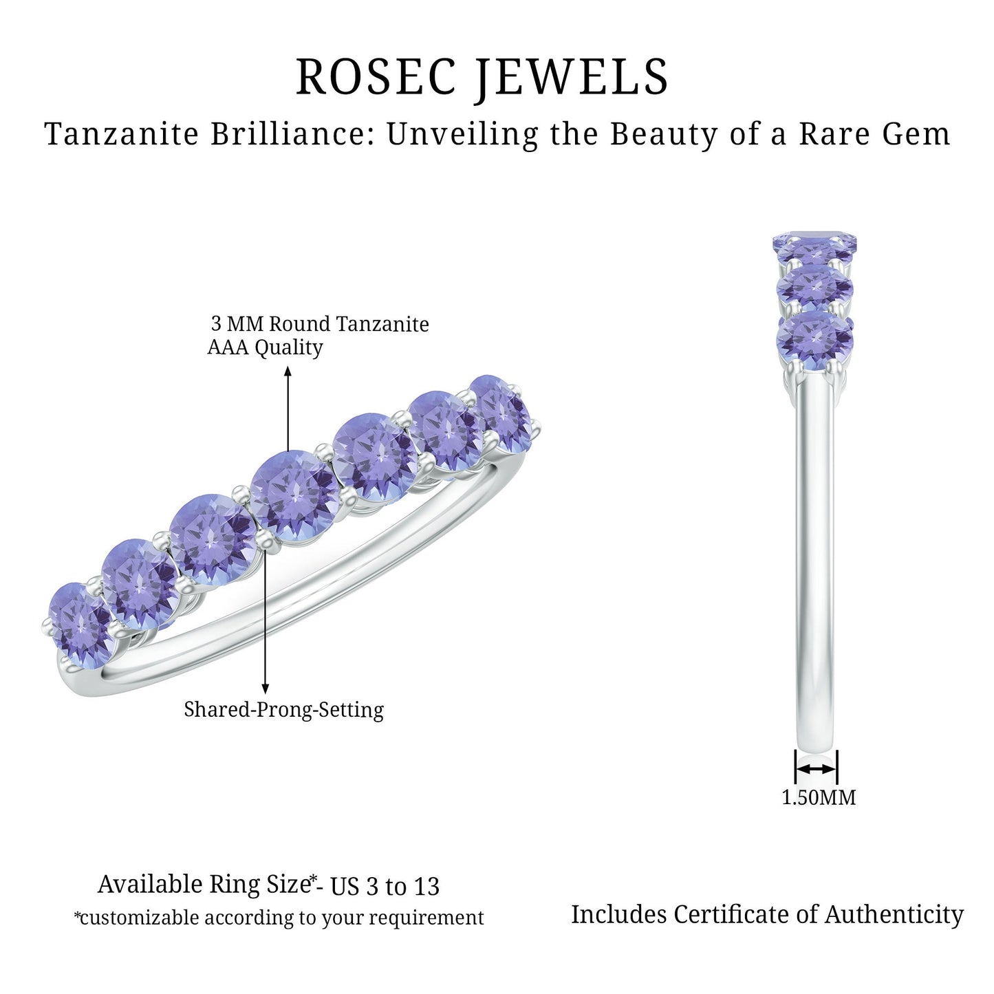 Certified Real Tanzanite Half Eternity Ring for Anniversary