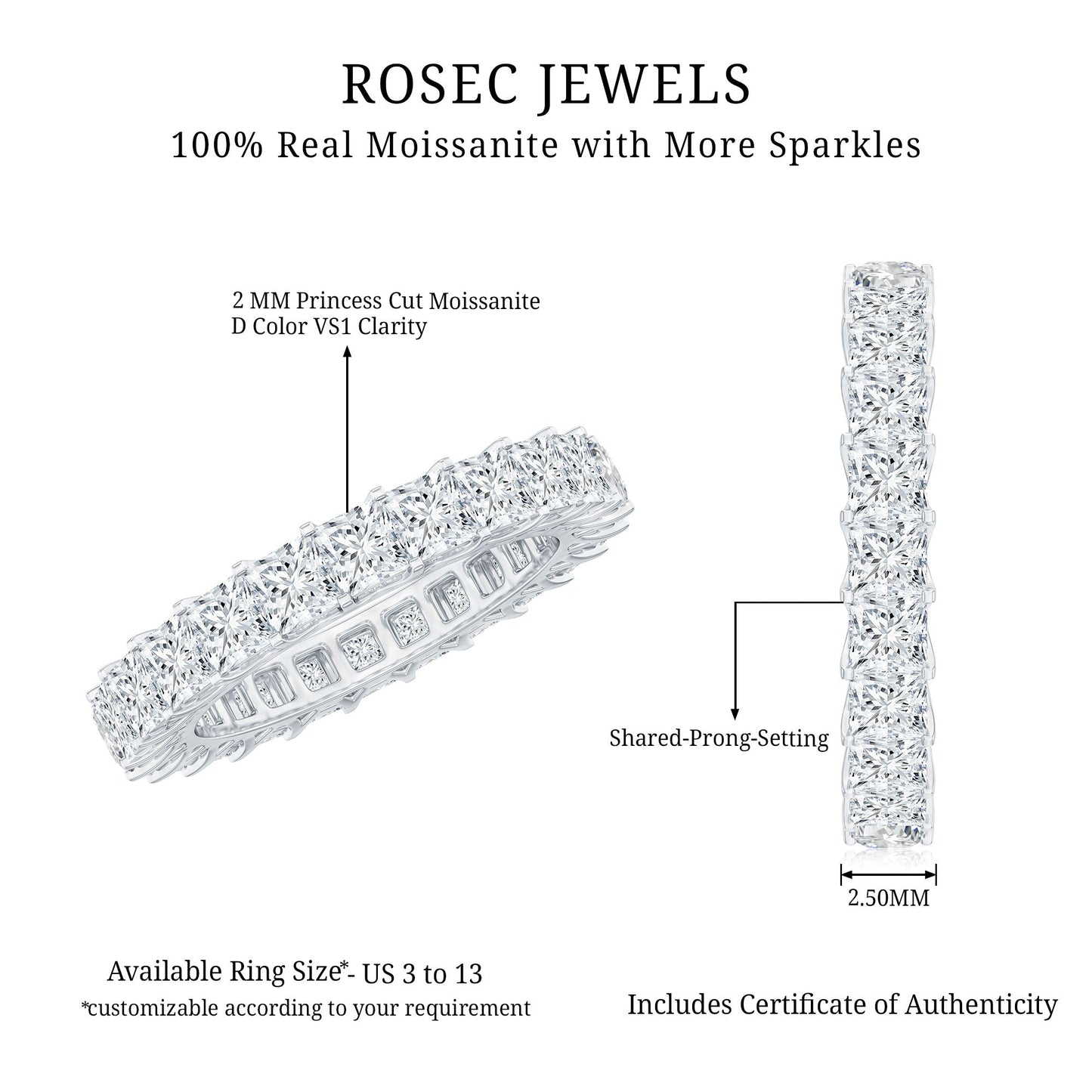 Princess Cut Moissanite Stackable Eternity Band Ring