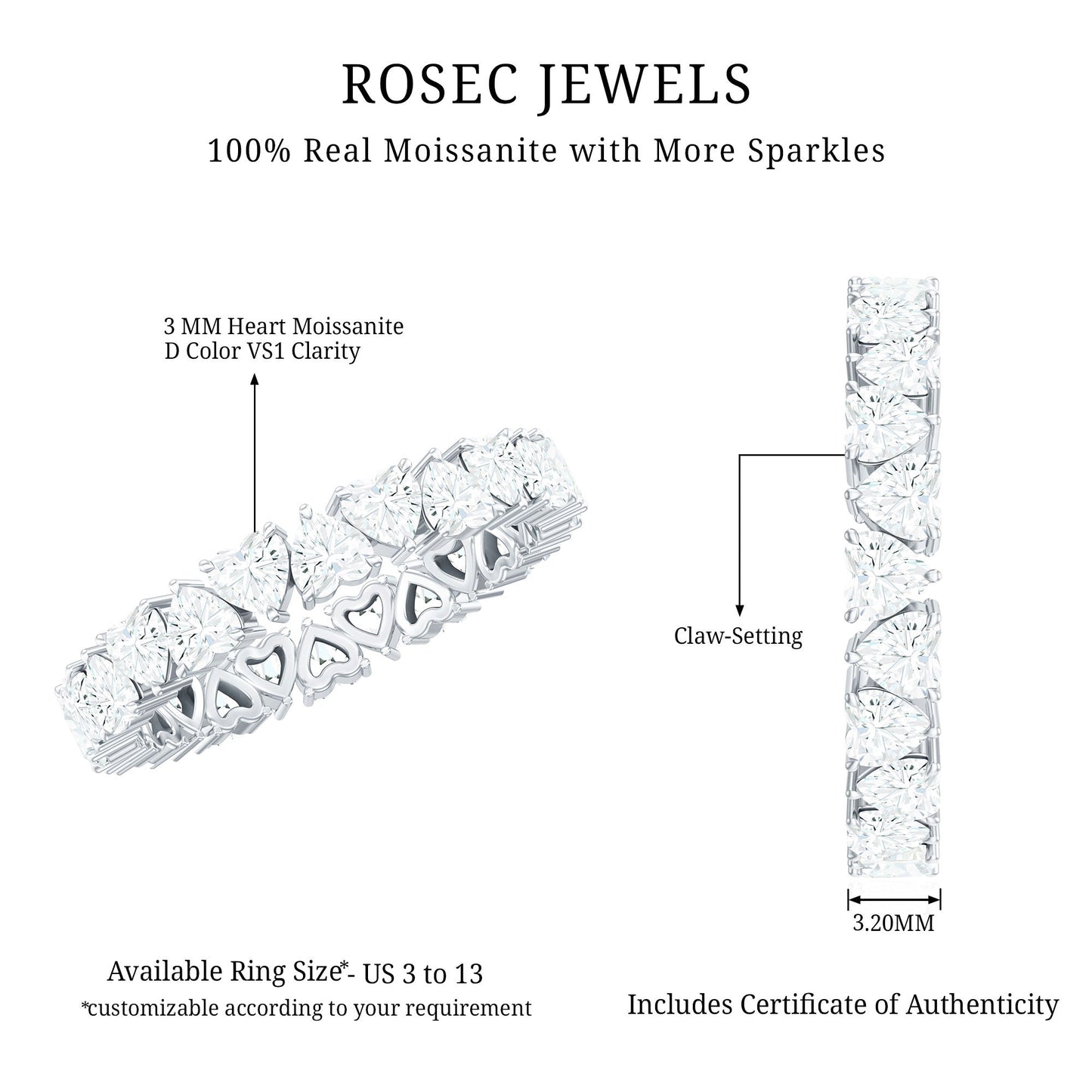 Claw Set Moissanite Heart Wedding Band for Women
