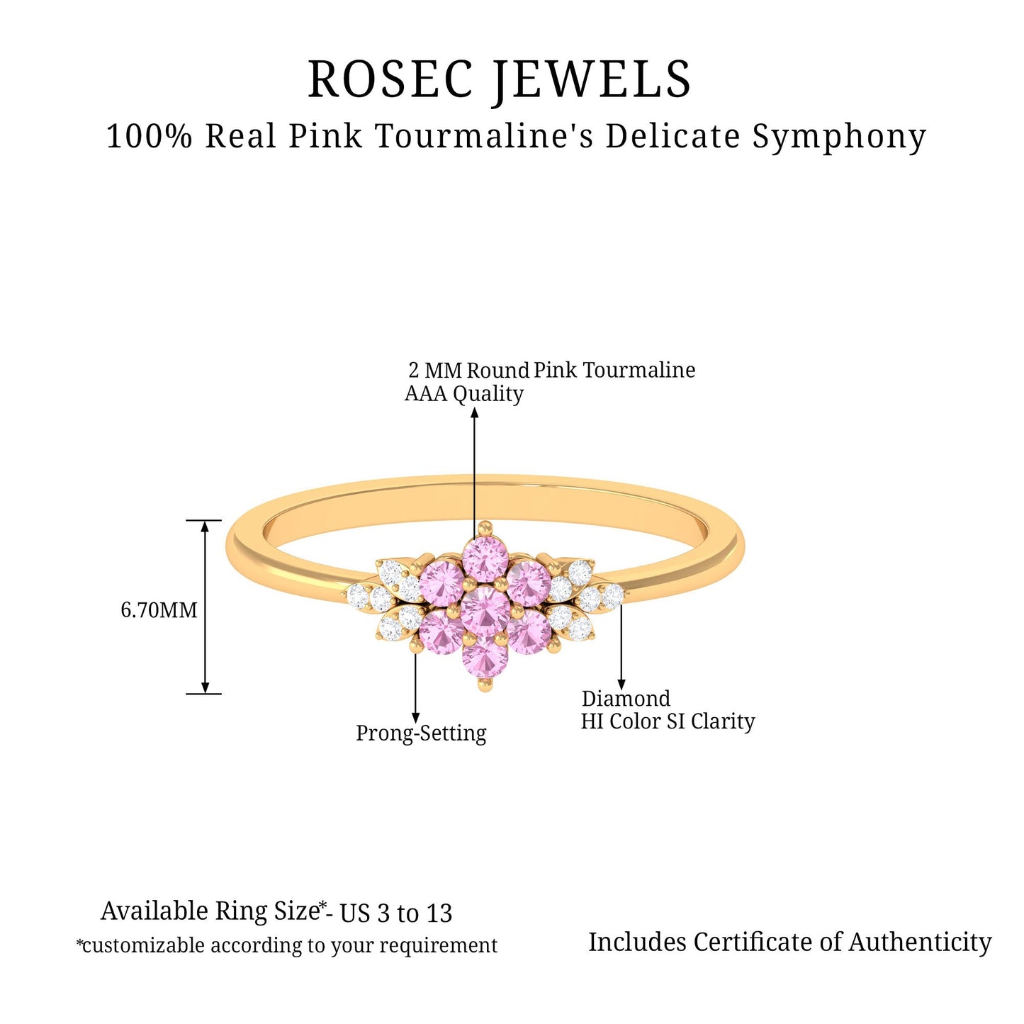 Real Pink Tourmaline Flower Cluster Ring with Diamond
