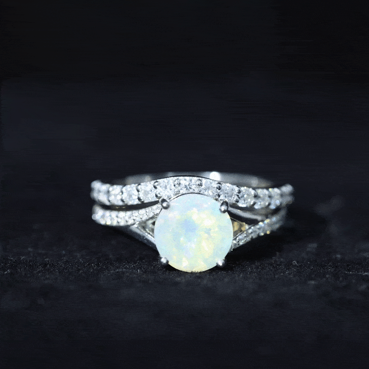 Natural Ethiopian Opal Split Shank Engagement Ring with Wedding Band
