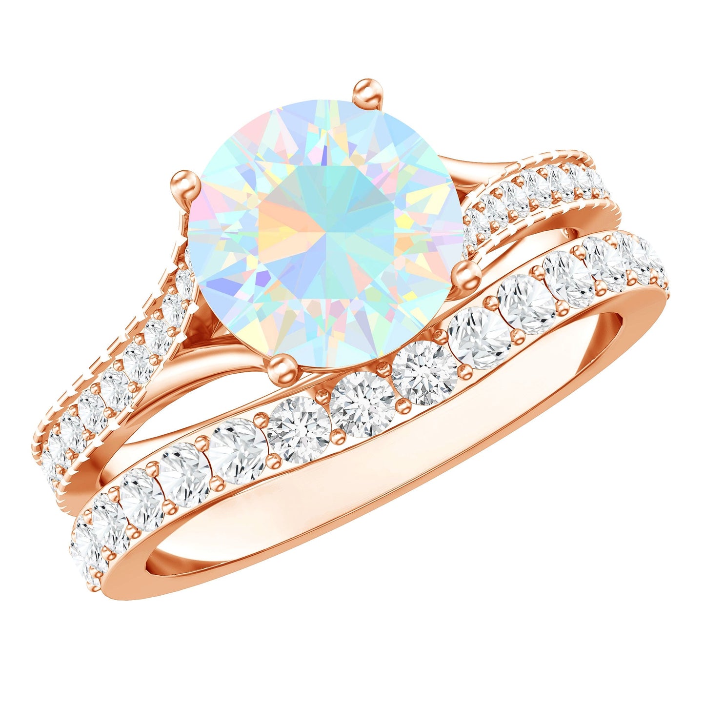 Natural Ethiopian Opal Split Shank Engagement Ring with Wedding Band