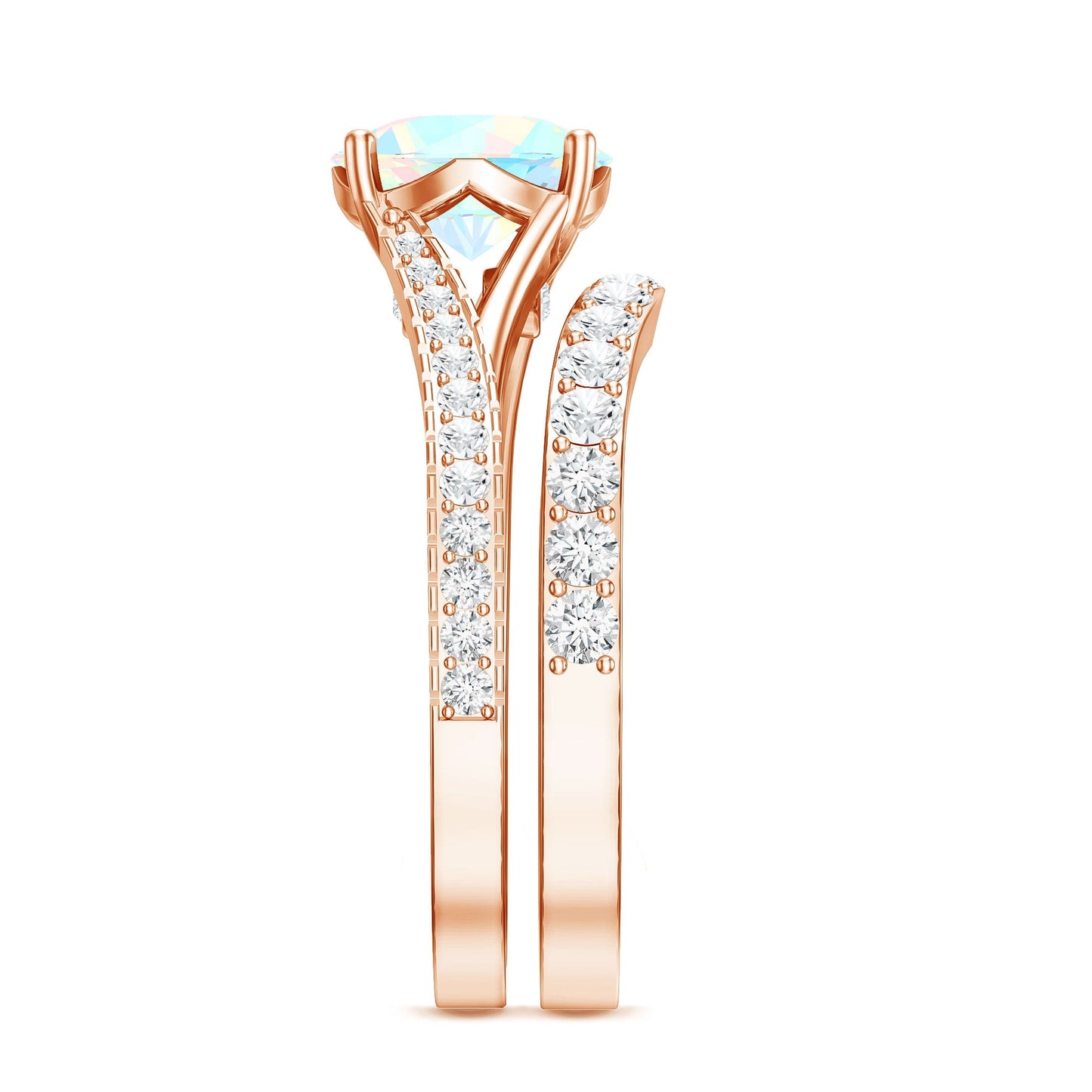 Natural Ethiopian Opal Split Shank Engagement Ring with Wedding Band