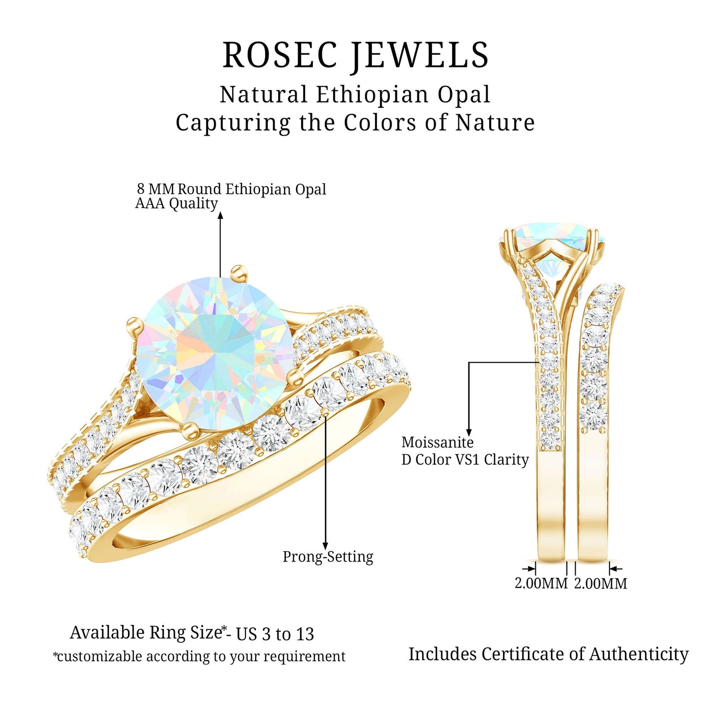 Natural Ethiopian Opal Split Shank Engagement Ring with Wedding Band