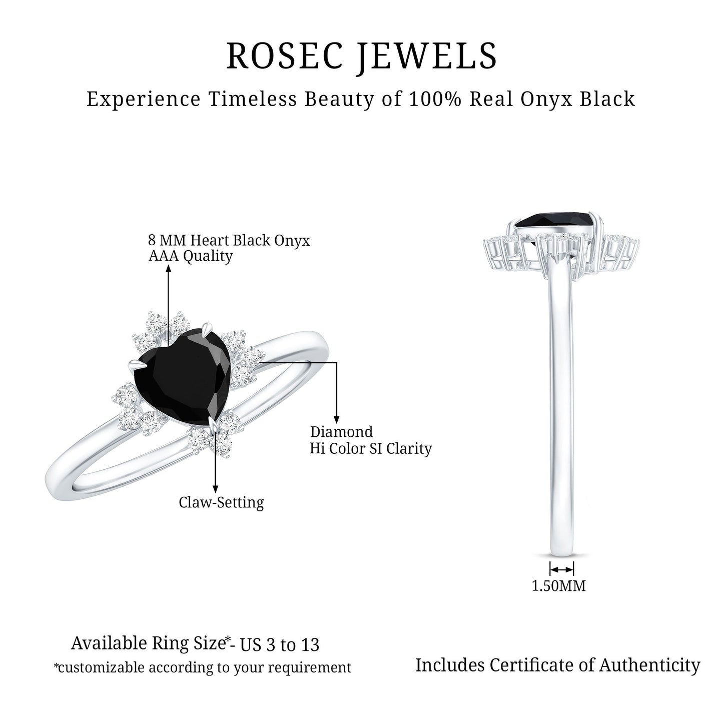 2 Carat Heart Shape Black Onyx Solitaire Engagement Ring with Diamond Accent