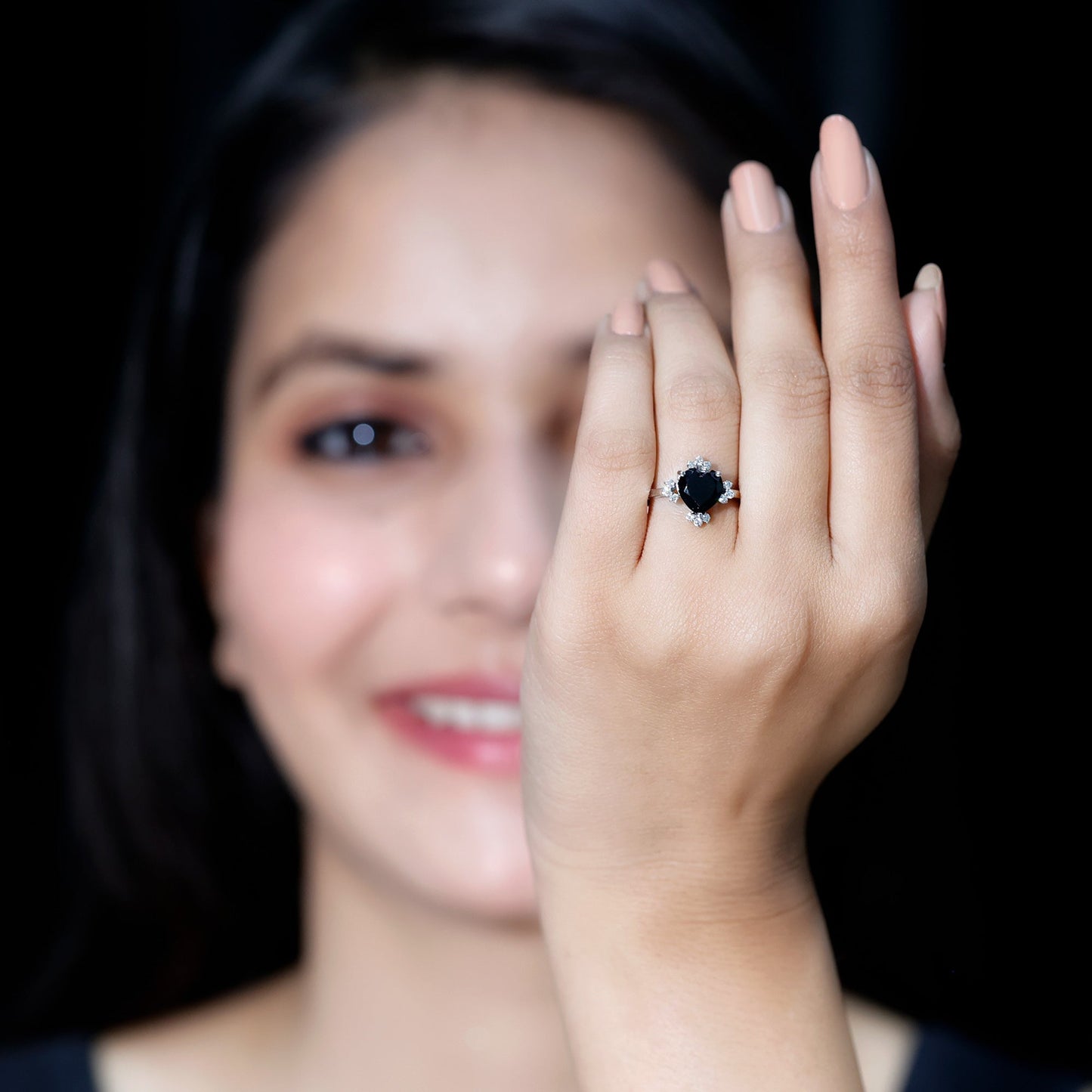 2 Carat Heart Shape Black Onyx Solitaire Engagement Ring with Diamond Accent