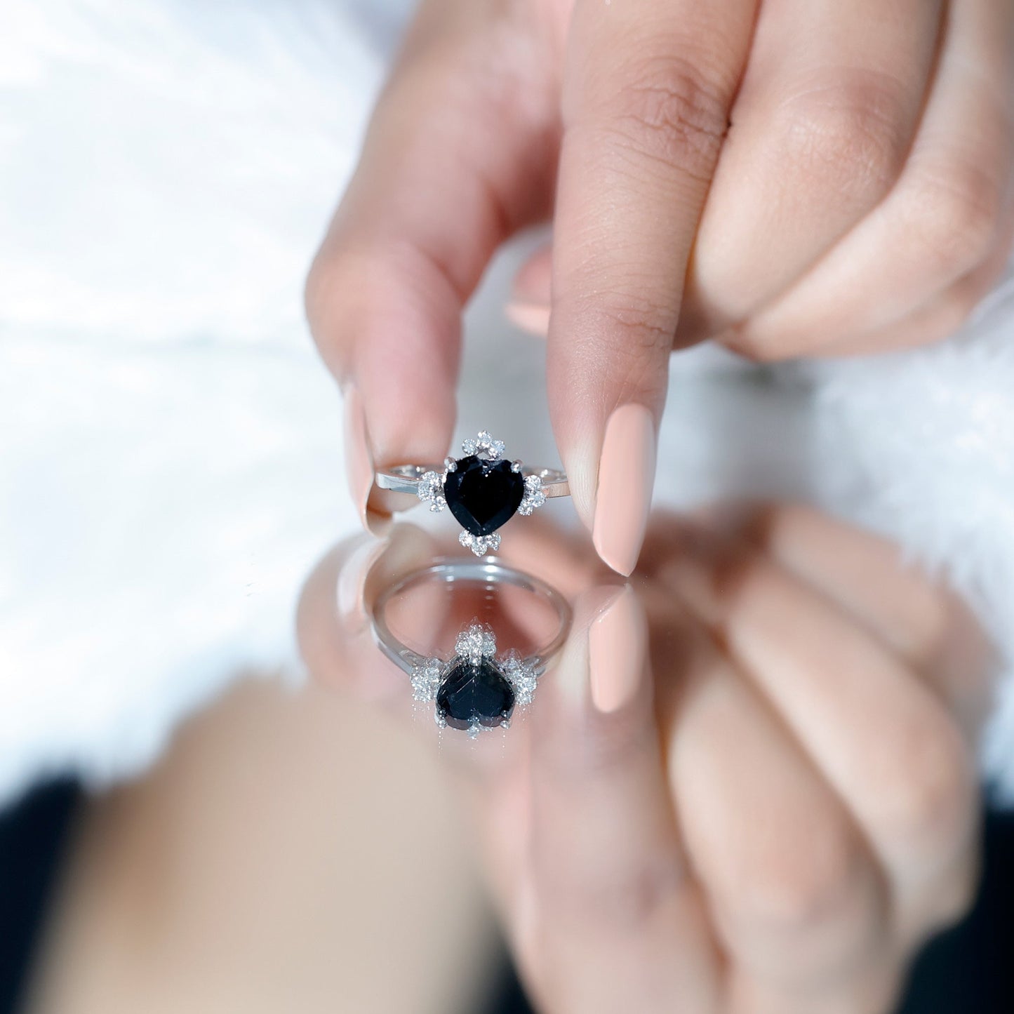 2 Carat Heart Shape Black Onyx Solitaire Engagement Ring with Diamond Accent