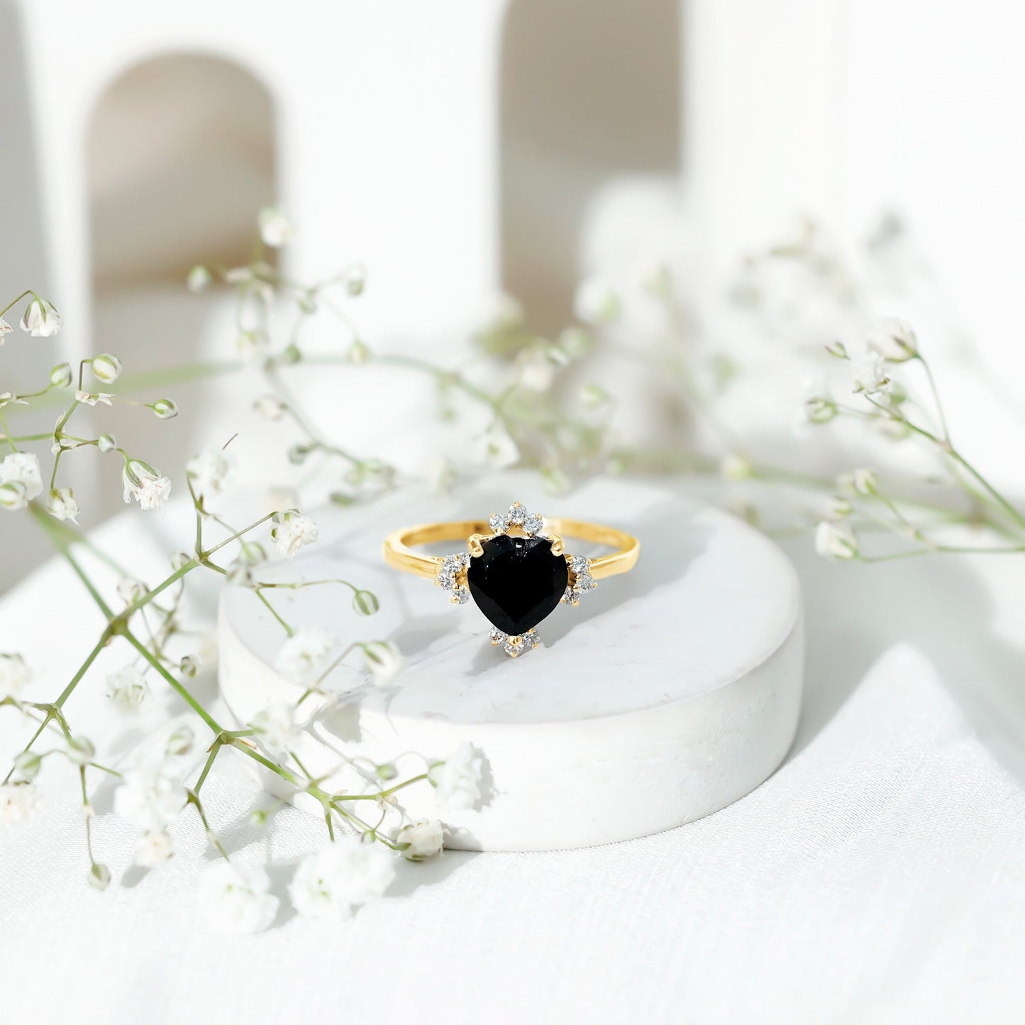 2 Carat Heart Shape Black Onyx Solitaire Engagement Ring with Diamond Accent