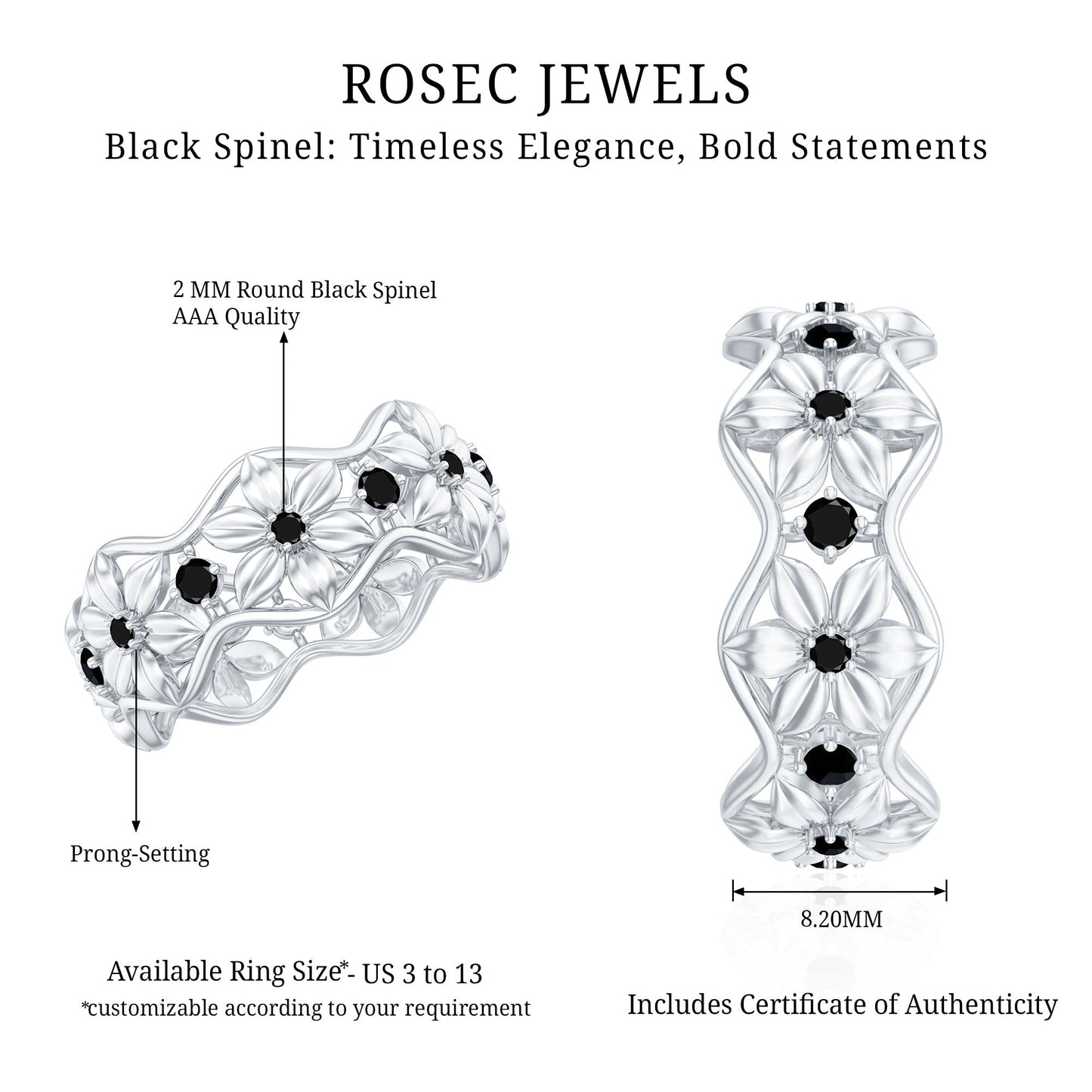 Natural Black Spinel Flower Band Ring for Women