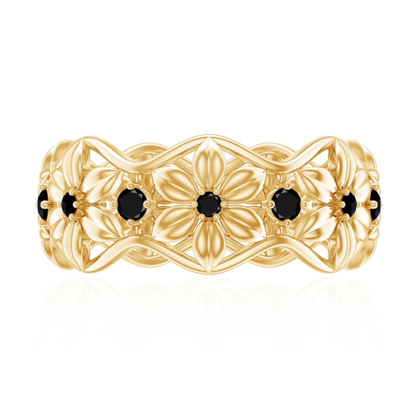 Natural Black Spinel Flower Band Ring for Women