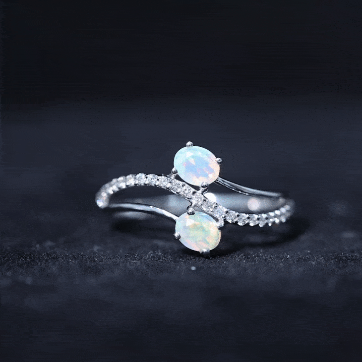 Natural Oval Ethiopian Opal Diamond Toi Et Moi Engagement Ring with Bypass Shank