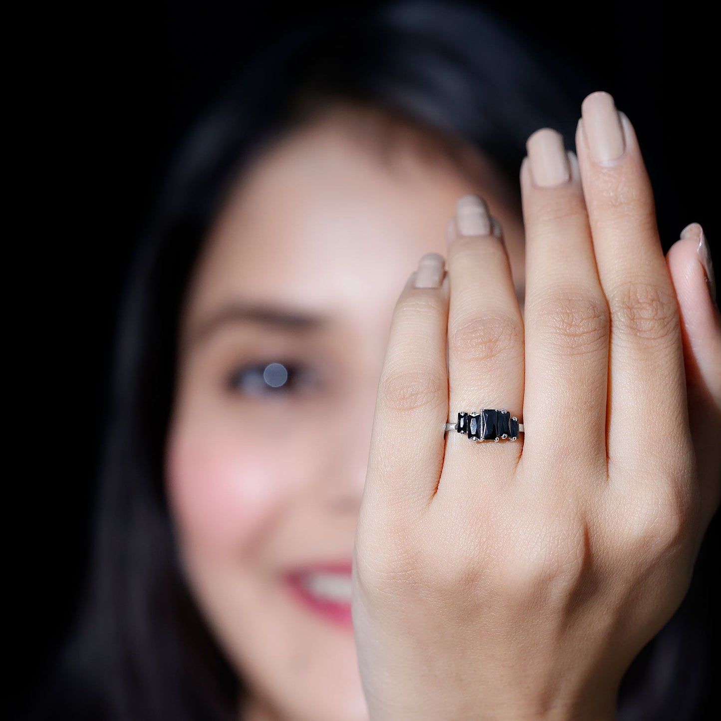Baguette Cut Black Onyx 5 Stone Anniversary Ring