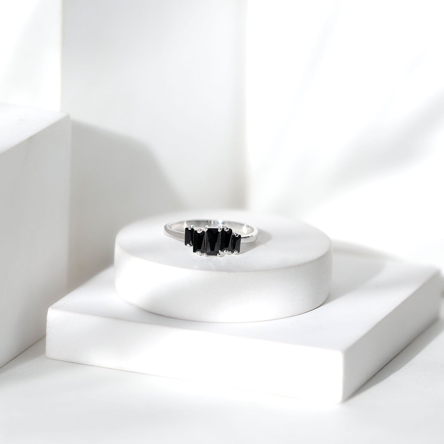 Baguette Cut Black Onyx 5 Stone Anniversary Ring