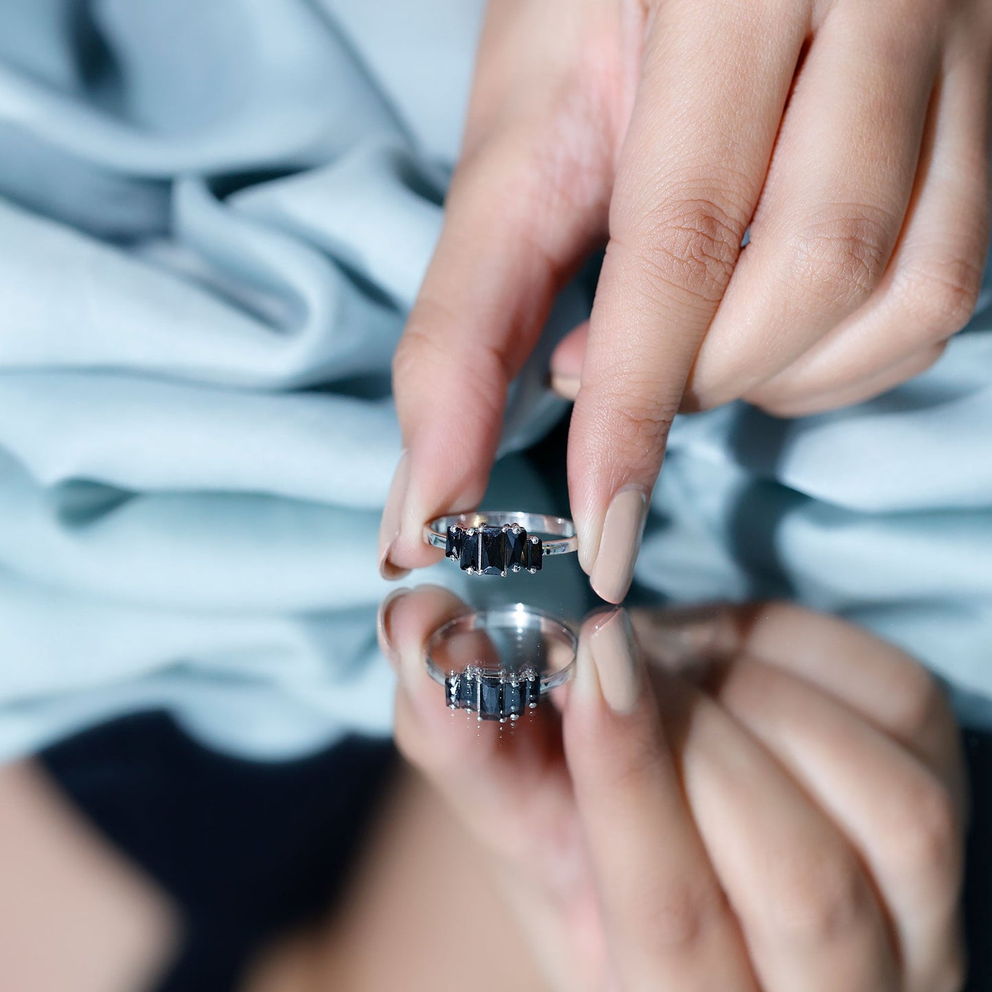 Baguette Cut Black Onyx 5 Stone Anniversary Ring