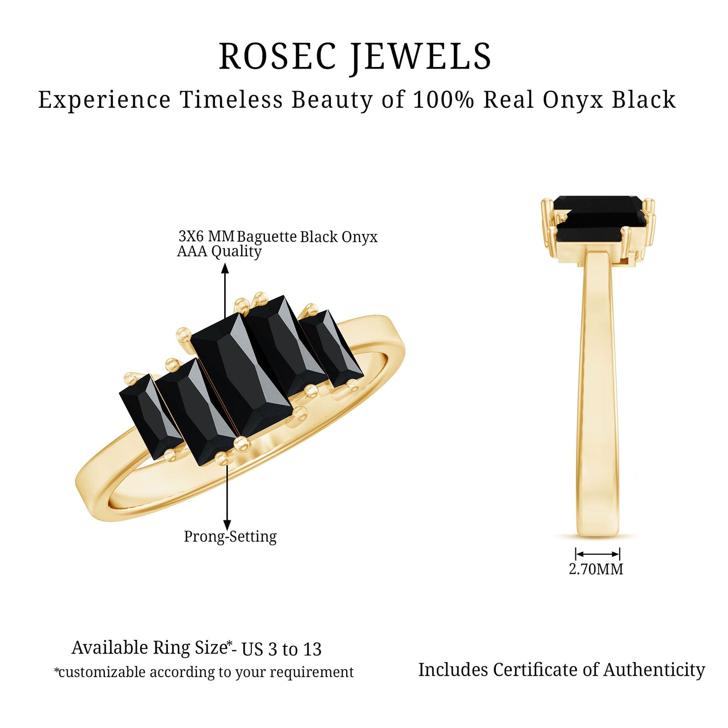 Baguette Cut Black Onyx 5 Stone Anniversary Ring
