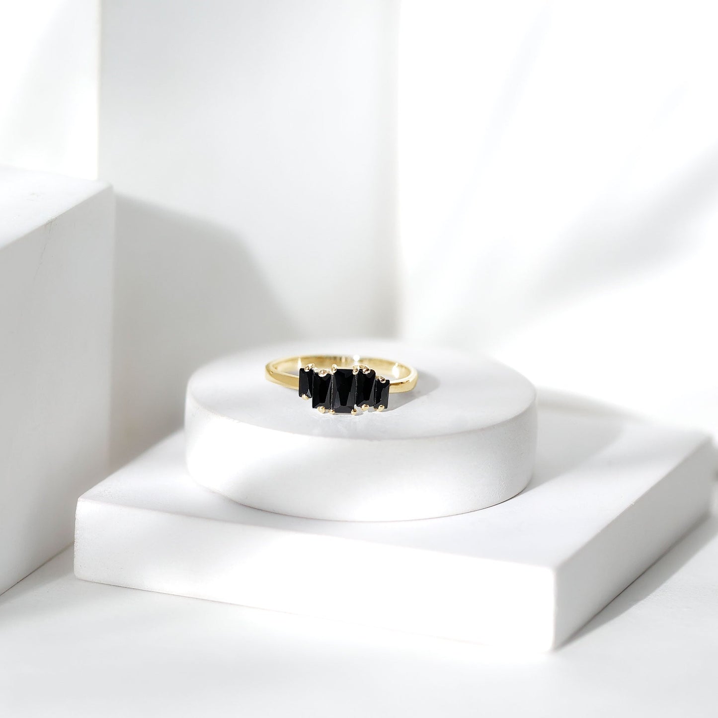 Baguette Cut Black Onyx 5 Stone Anniversary Ring