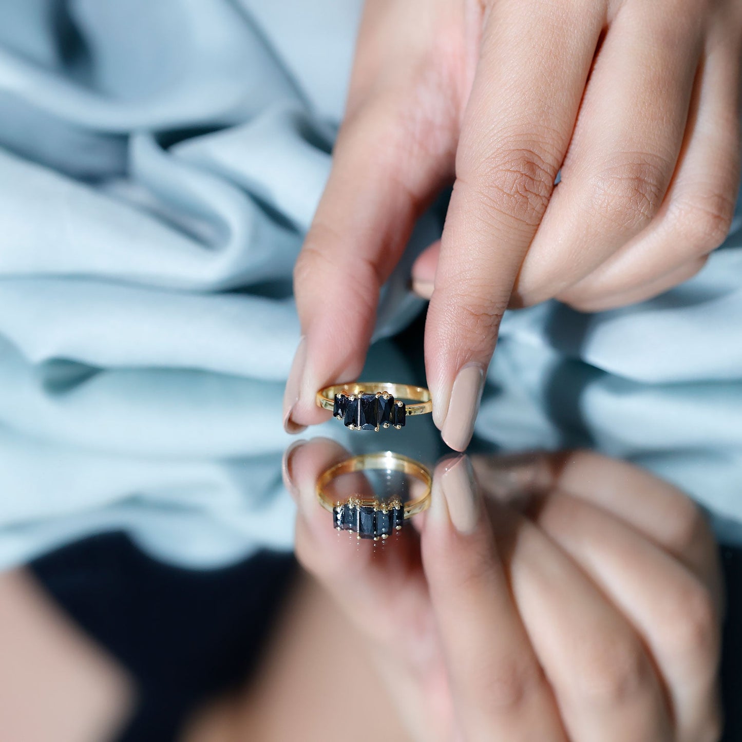 Baguette Cut Black Onyx 5 Stone Anniversary Ring