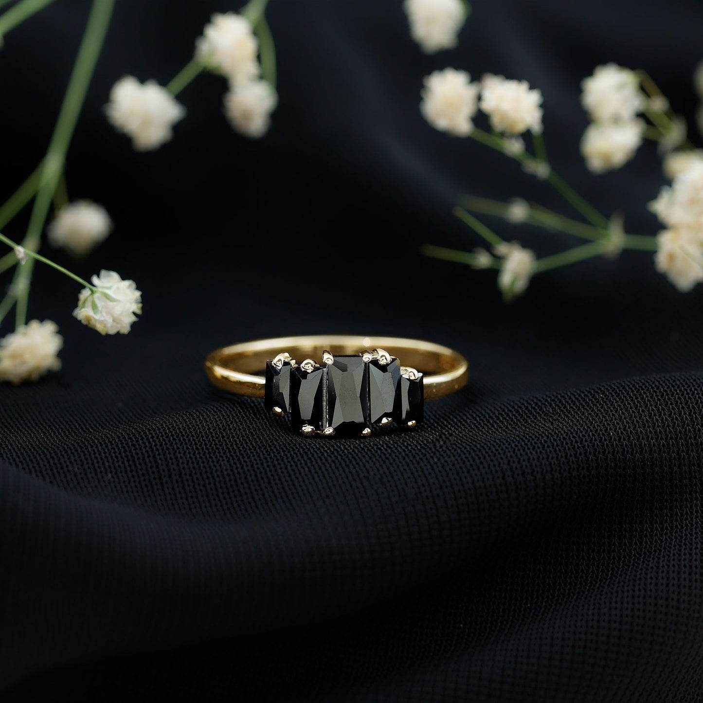 Baguette Cut Black Onyx 5 Stone Anniversary Ring