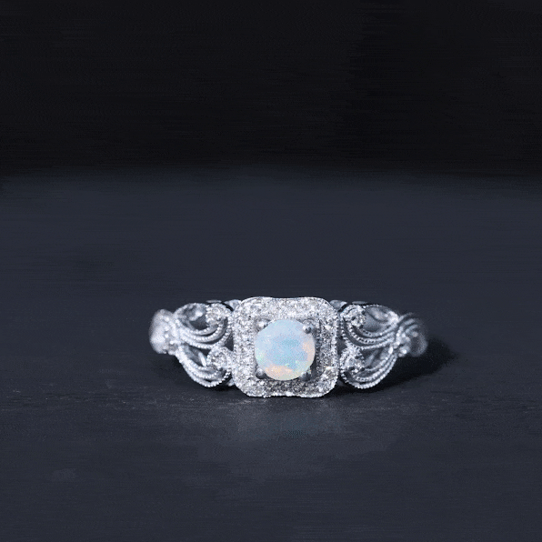 Certified Real Ethiopian Opal Retro Engagement Ring with Diamond