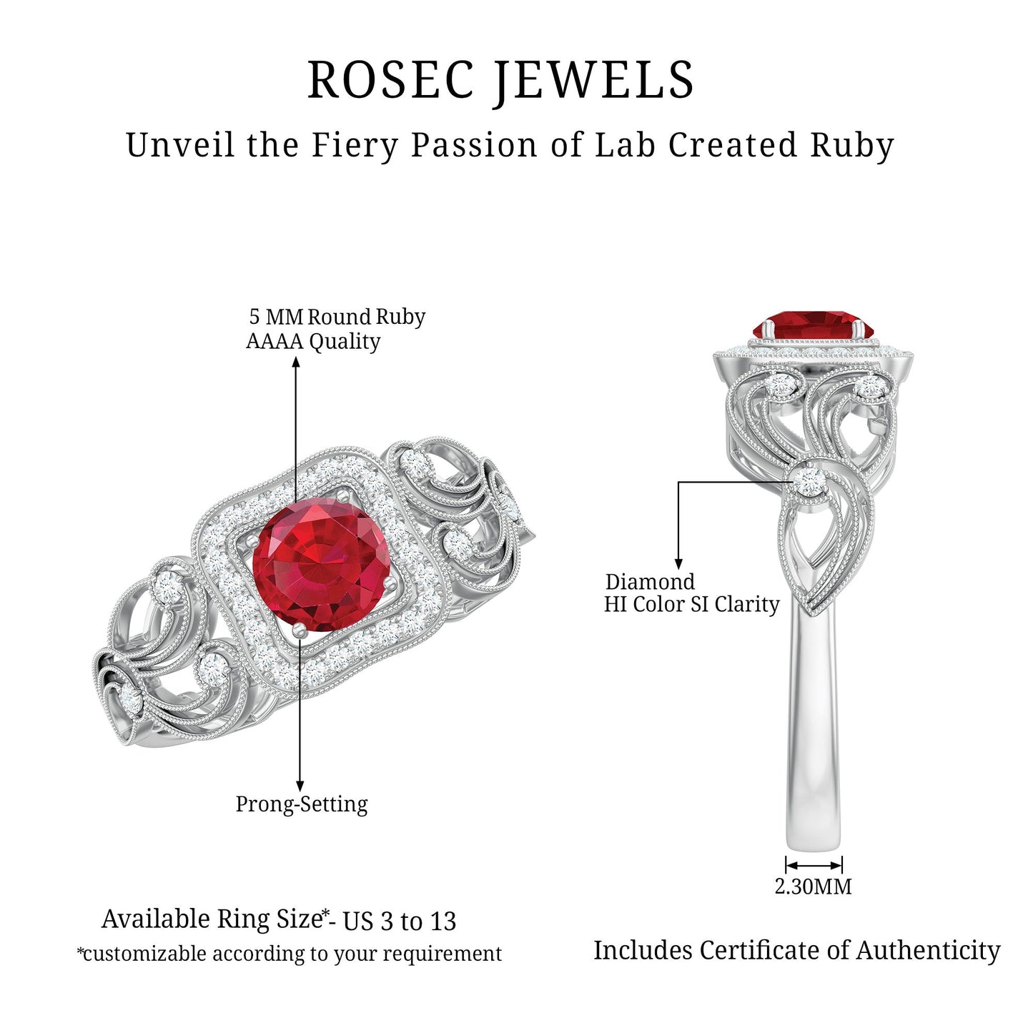 Certified Lab Created Ruby Antique Engagement Ring with Diamond