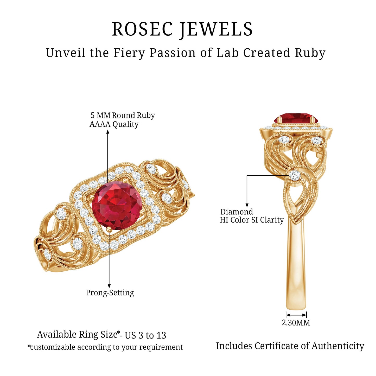 Certified Lab Created Ruby Antique Engagement Ring with Diamond