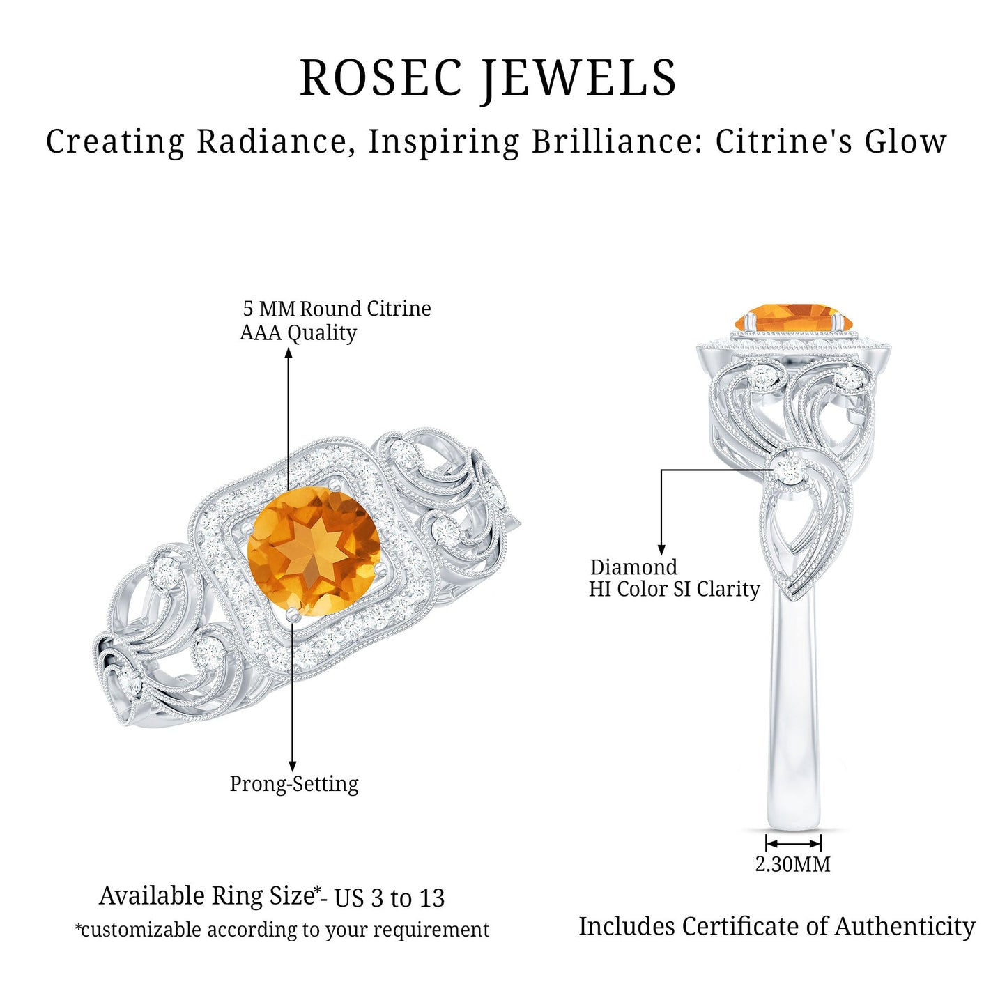 Natural Citrine Retro Engagement Ring with Diamond