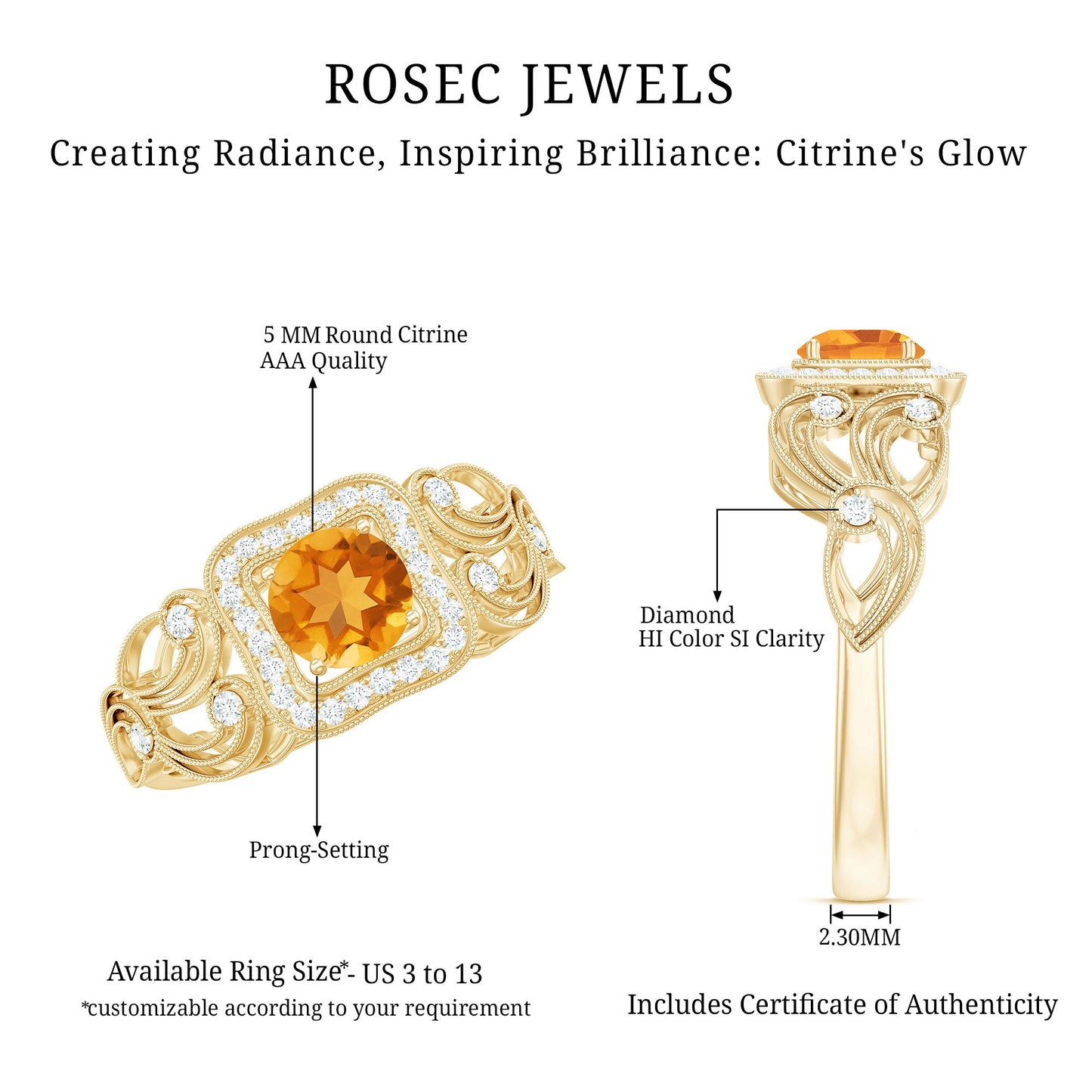 Natural Citrine Retro Engagement Ring with Diamond