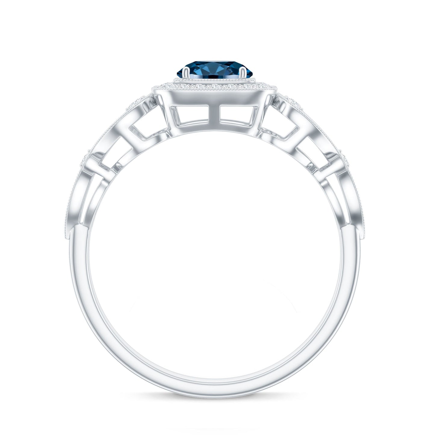 Certified London Blue Topaz Art Deco Engagement Ring with Diamond Halo