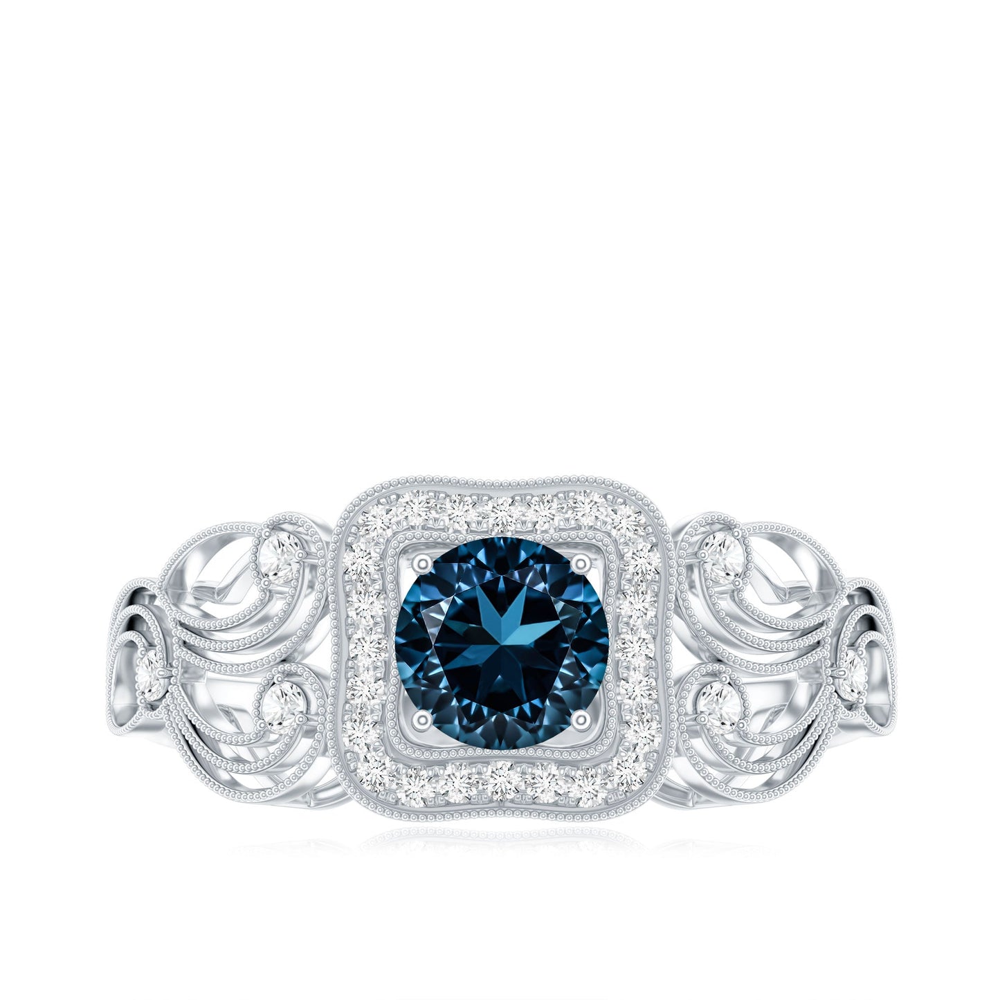 Certified London Blue Topaz Art Deco Engagement Ring with Diamond Halo