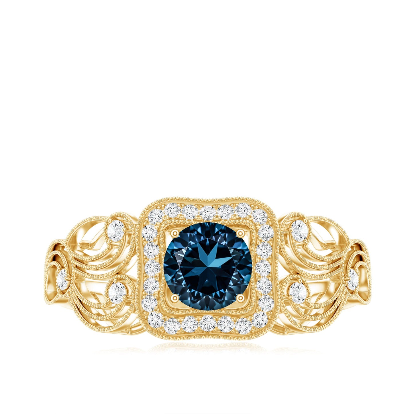 Certified London Blue Topaz Art Deco Engagement Ring with Diamond Halo