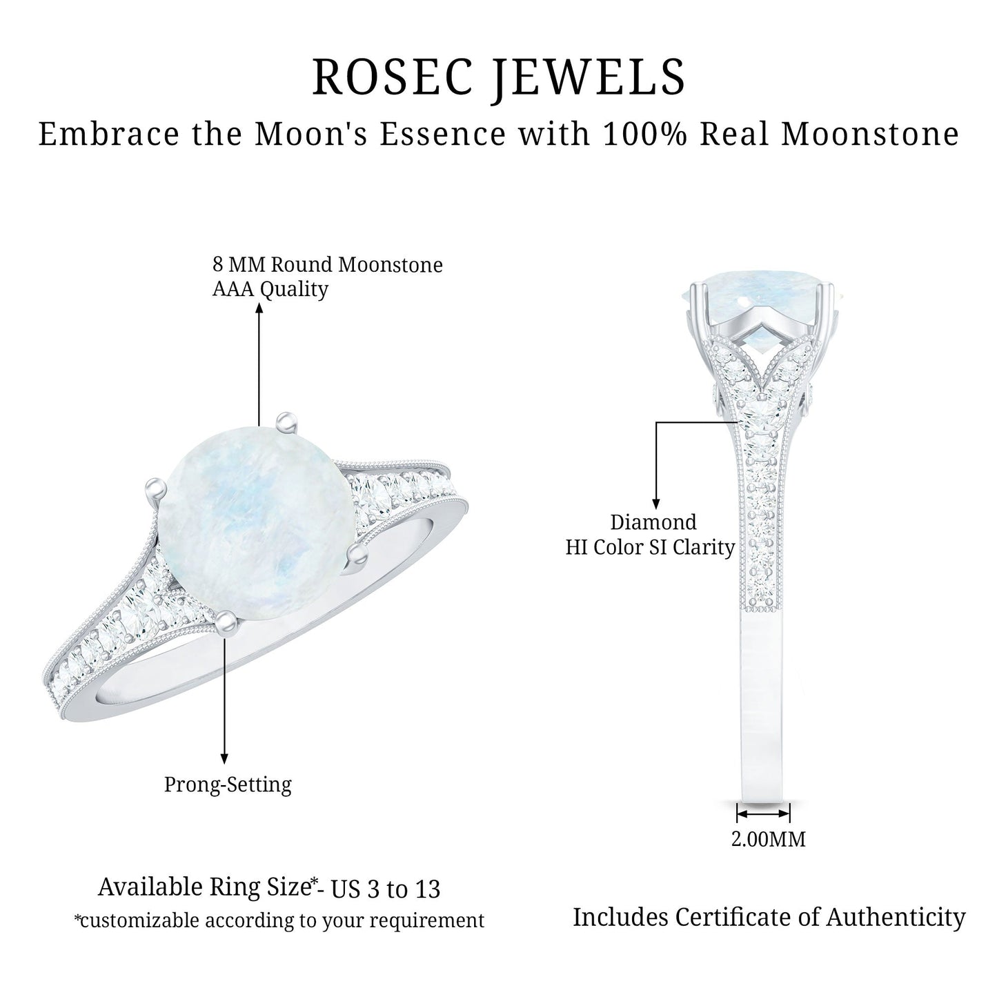 Designer Moonstone Engagement Ring with Diamond Side Stones