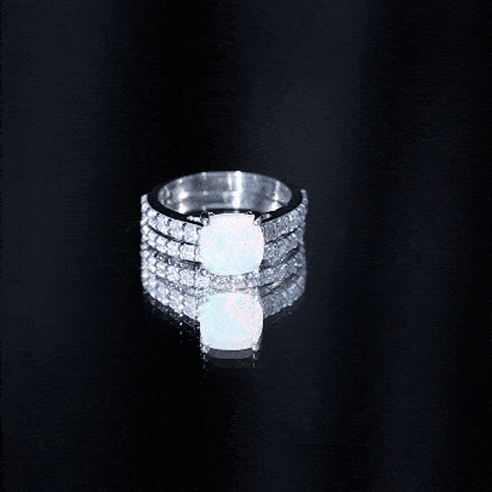 Certified Natural Ethiopian Opal Cushion Cut Engagement Ring with Wedding Band