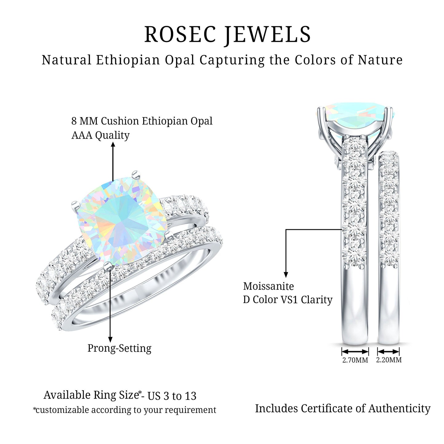 Certified Natural Ethiopian Opal Cushion Cut Engagement Ring with Wedding Band