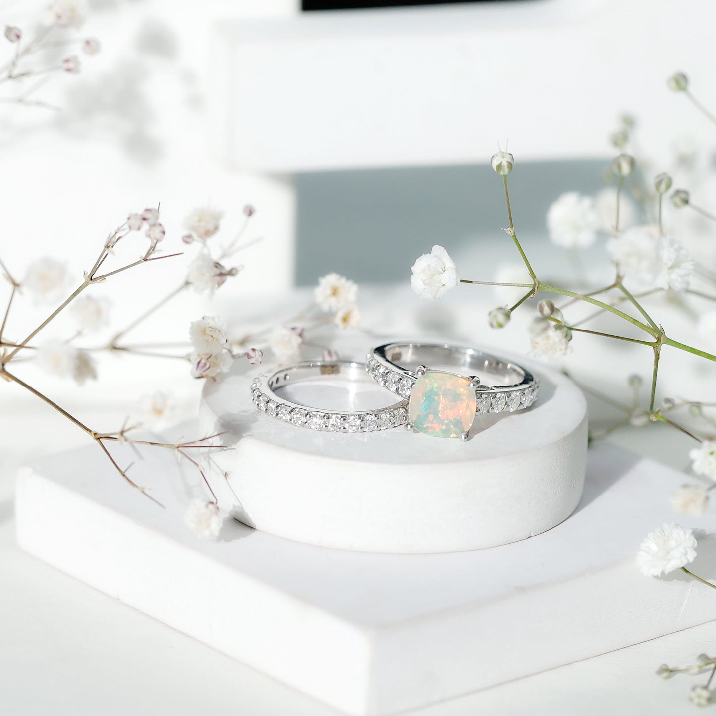 Certified Natural Ethiopian Opal Cushion Cut Engagement Ring with Wedding Band