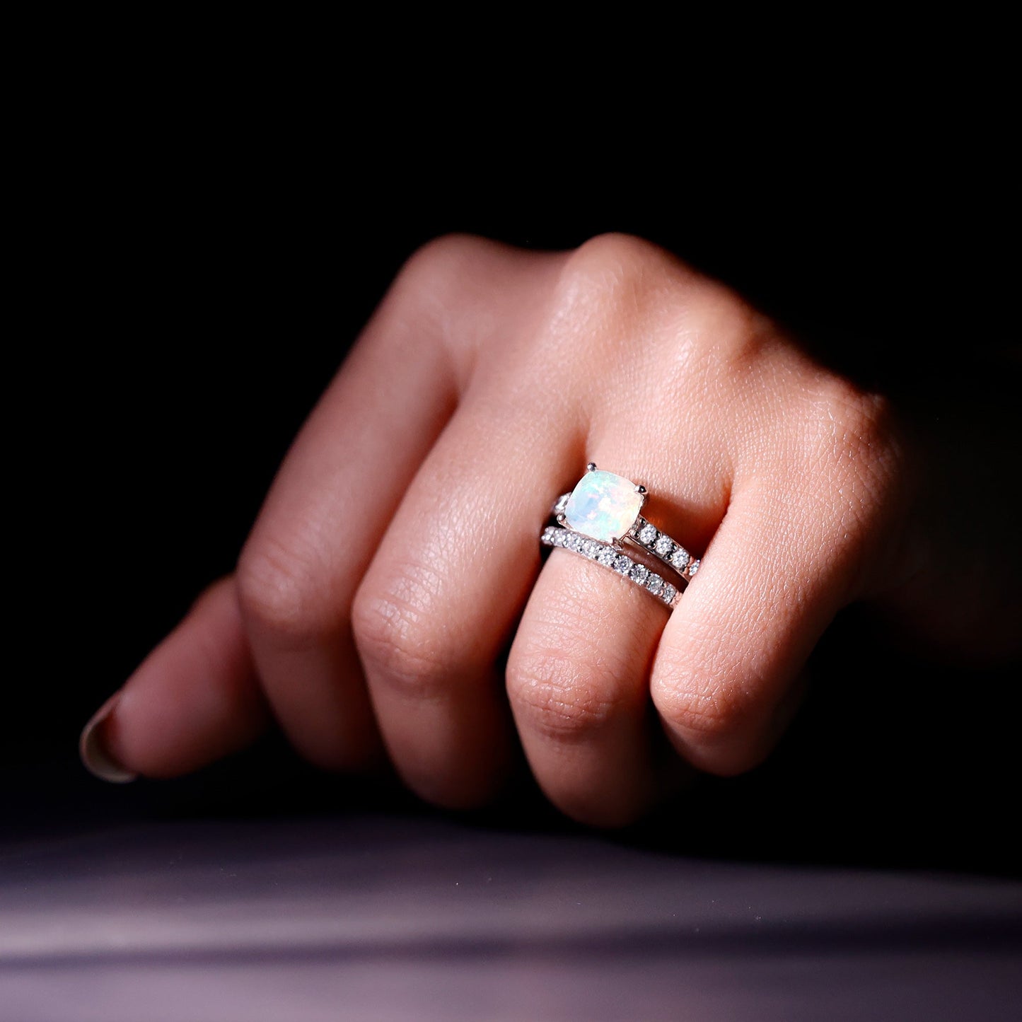 Certified Natural Ethiopian Opal Cushion Cut Engagement Ring with Wedding Band