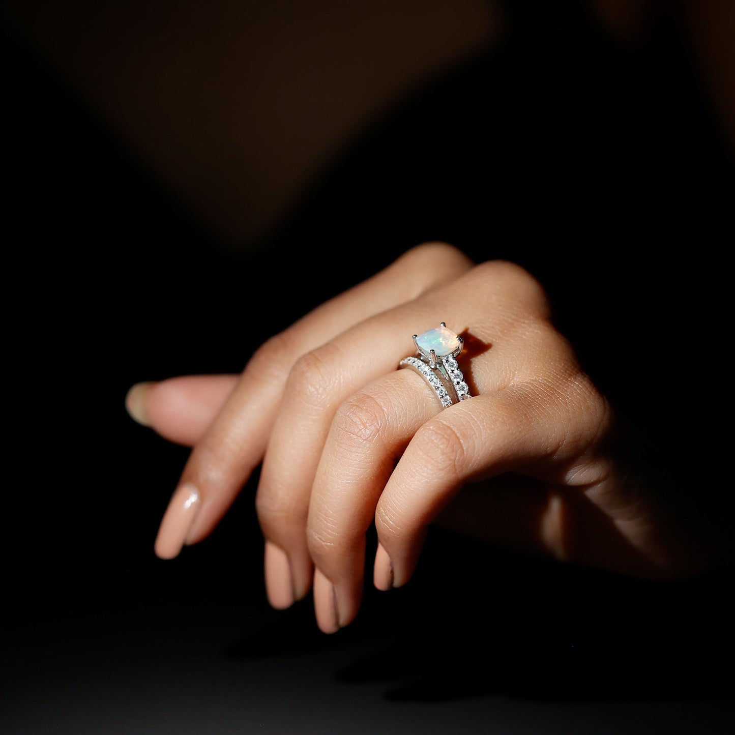 Certified Natural Ethiopian Opal Cushion Cut Engagement Ring with Wedding Band