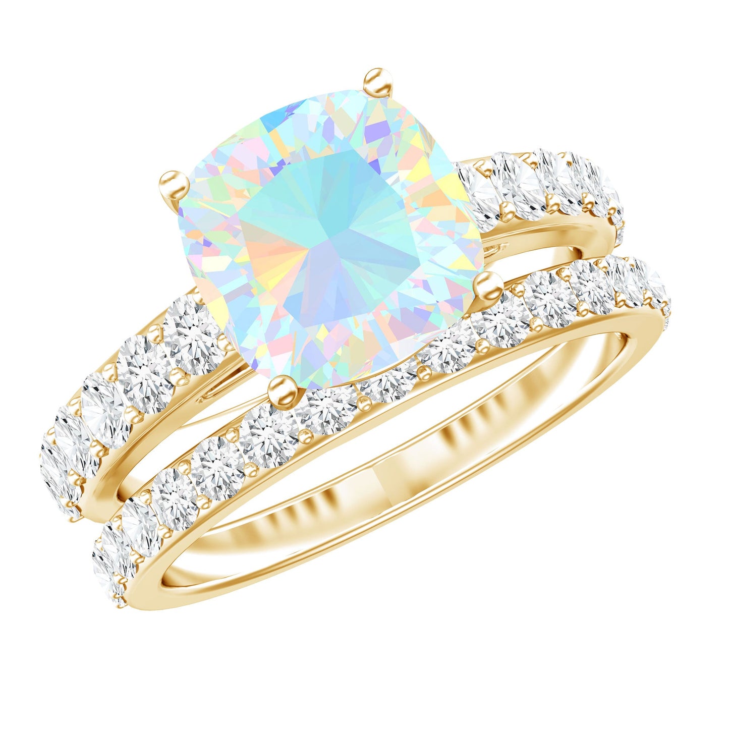 Certified Natural Ethiopian Opal Cushion Cut Engagement Ring with Wedding Band