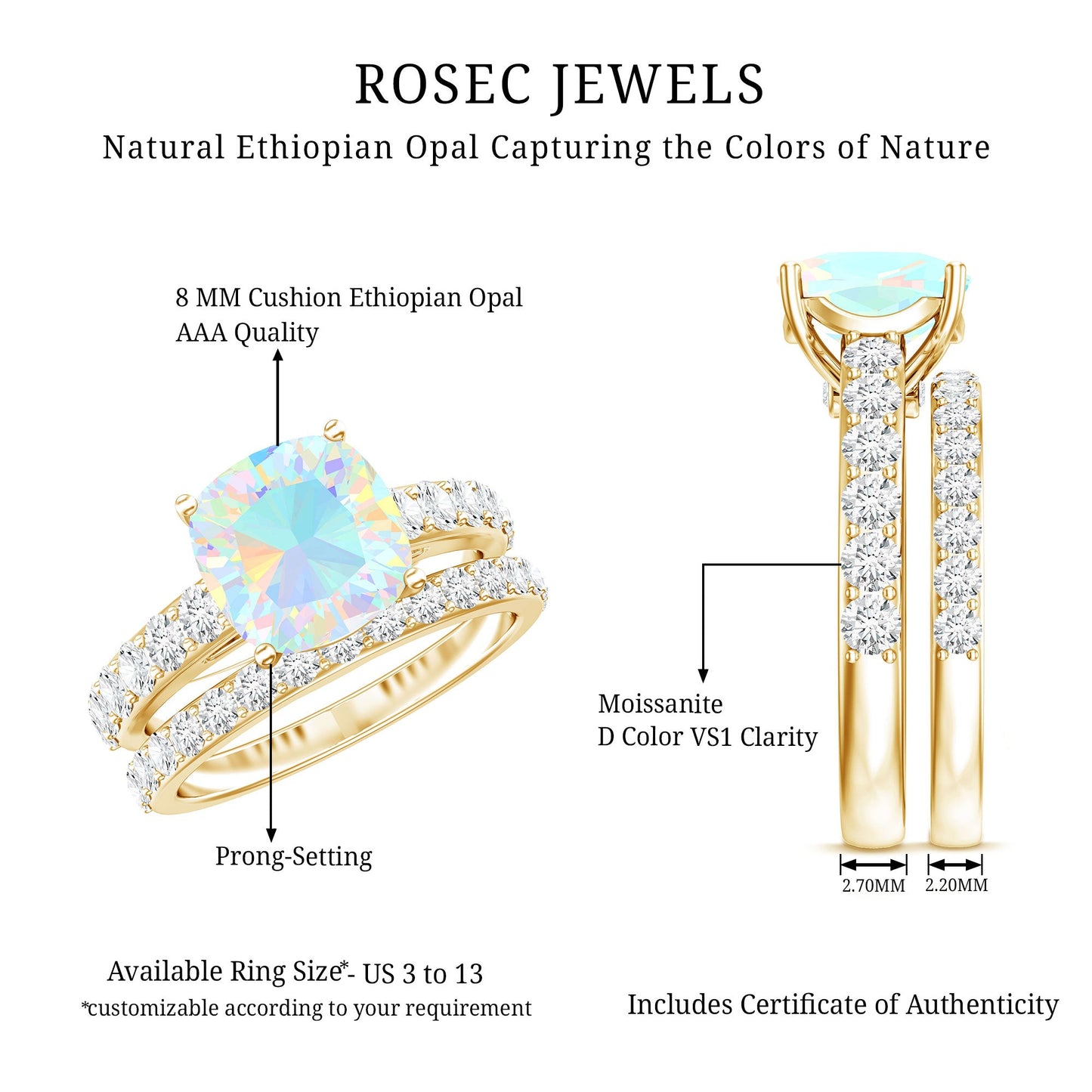 Certified Natural Ethiopian Opal Cushion Cut Engagement Ring with Wedding Band