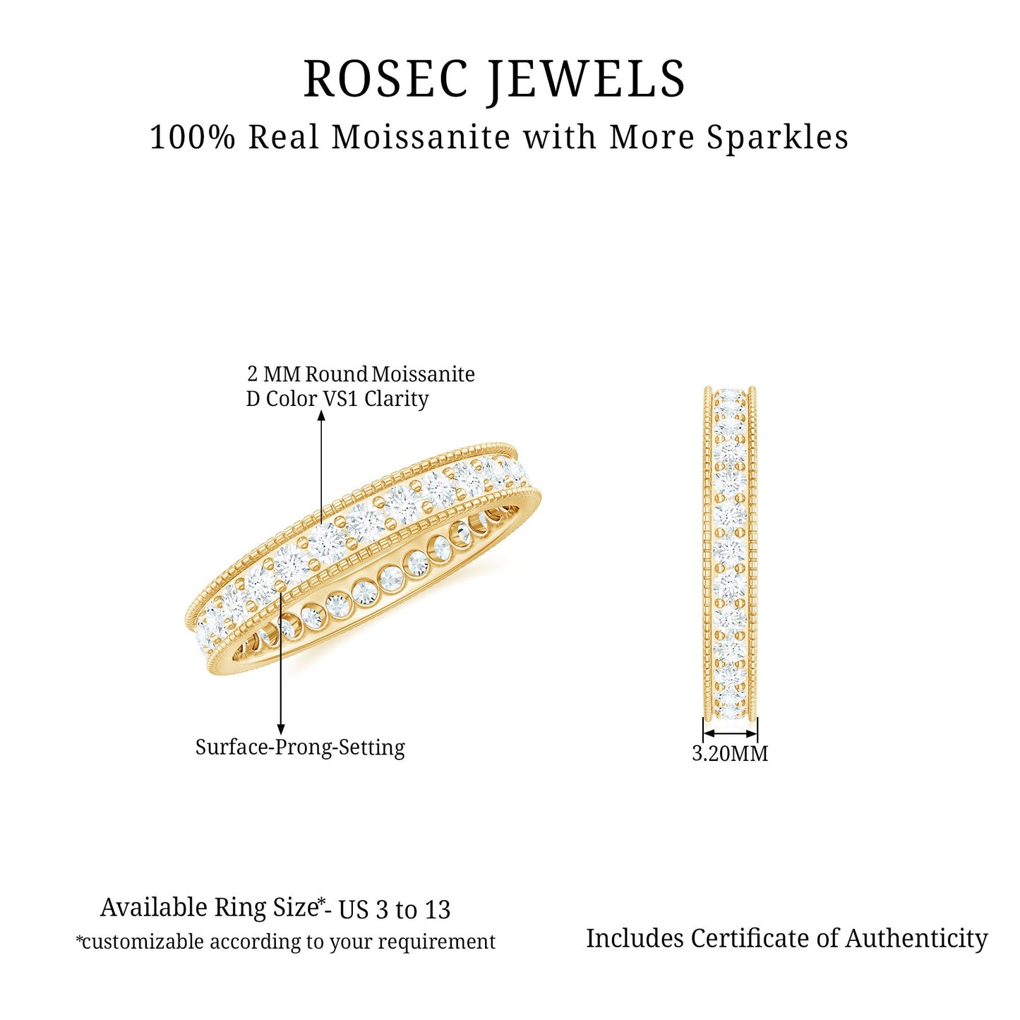 Moissanite Band Ring with Milgrain Detailing