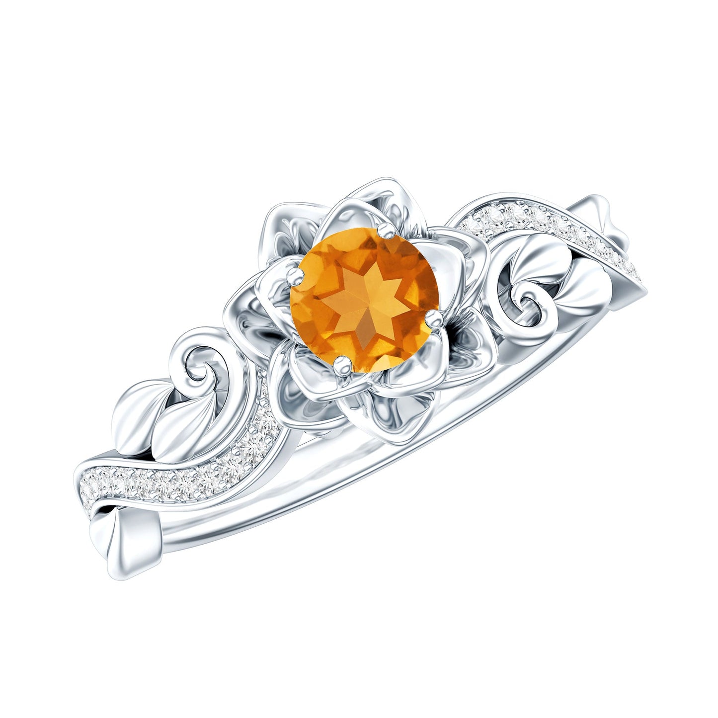Nature Inspired Citrine Flower Engagement Ring with Diamond