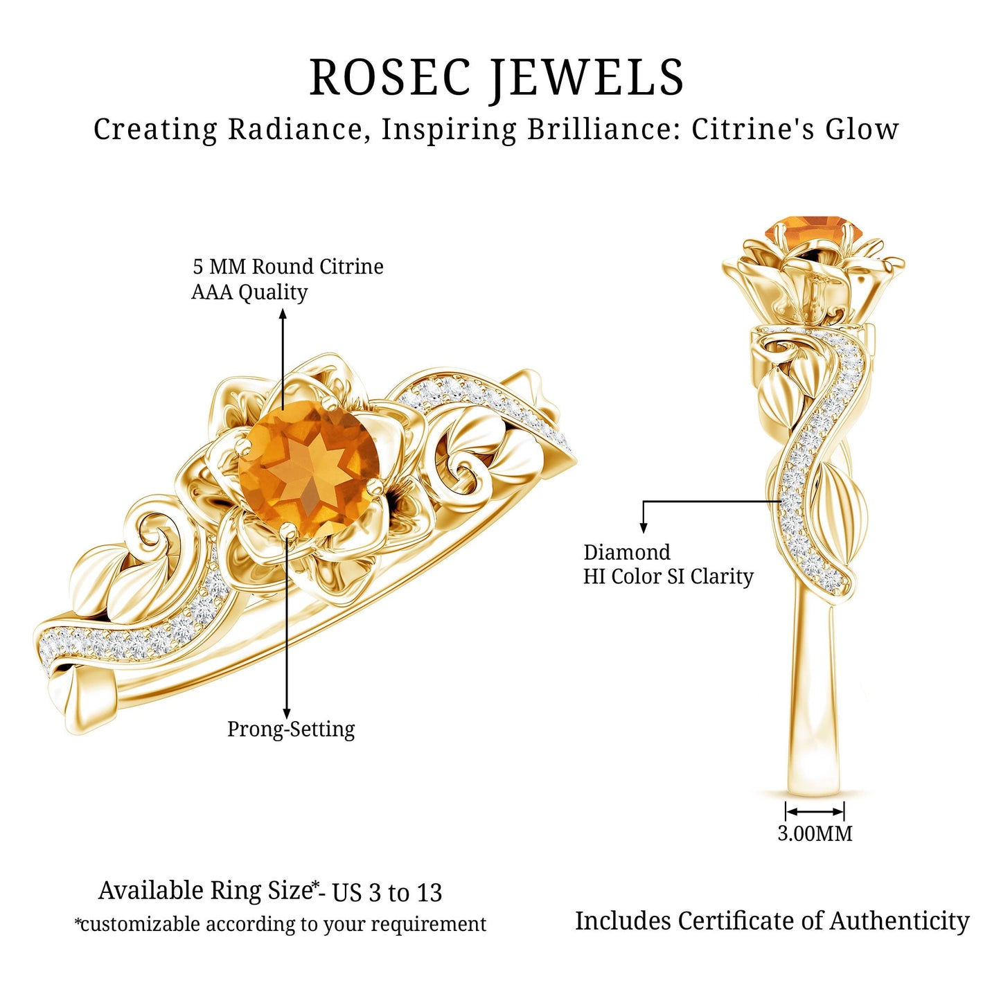 Nature Inspired Citrine Flower Engagement Ring with Diamond